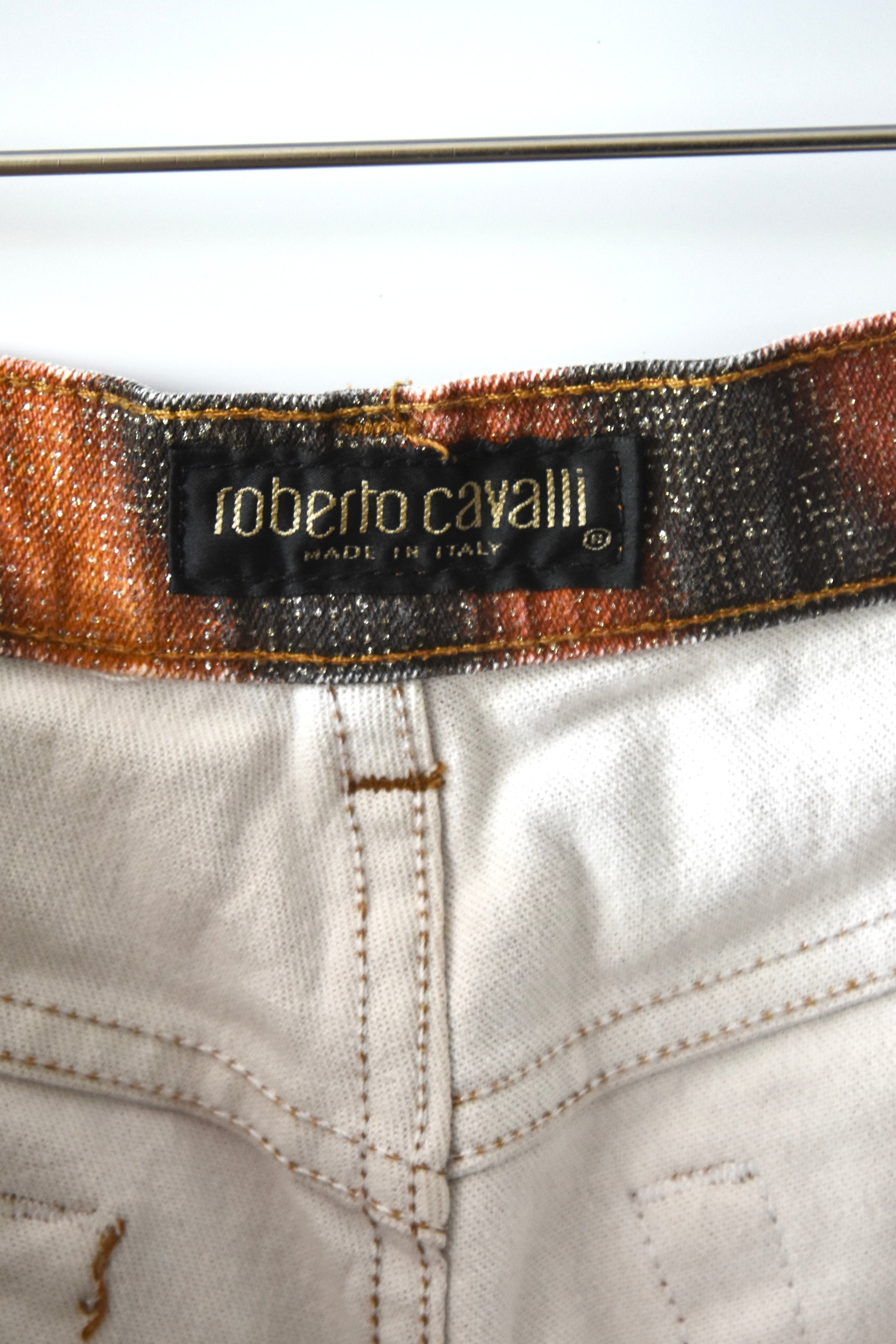 Roberto Cavalli Vintage Glitter Tiger Print Low-Rise Jeans (Rare Y2K Era Statement Denim)