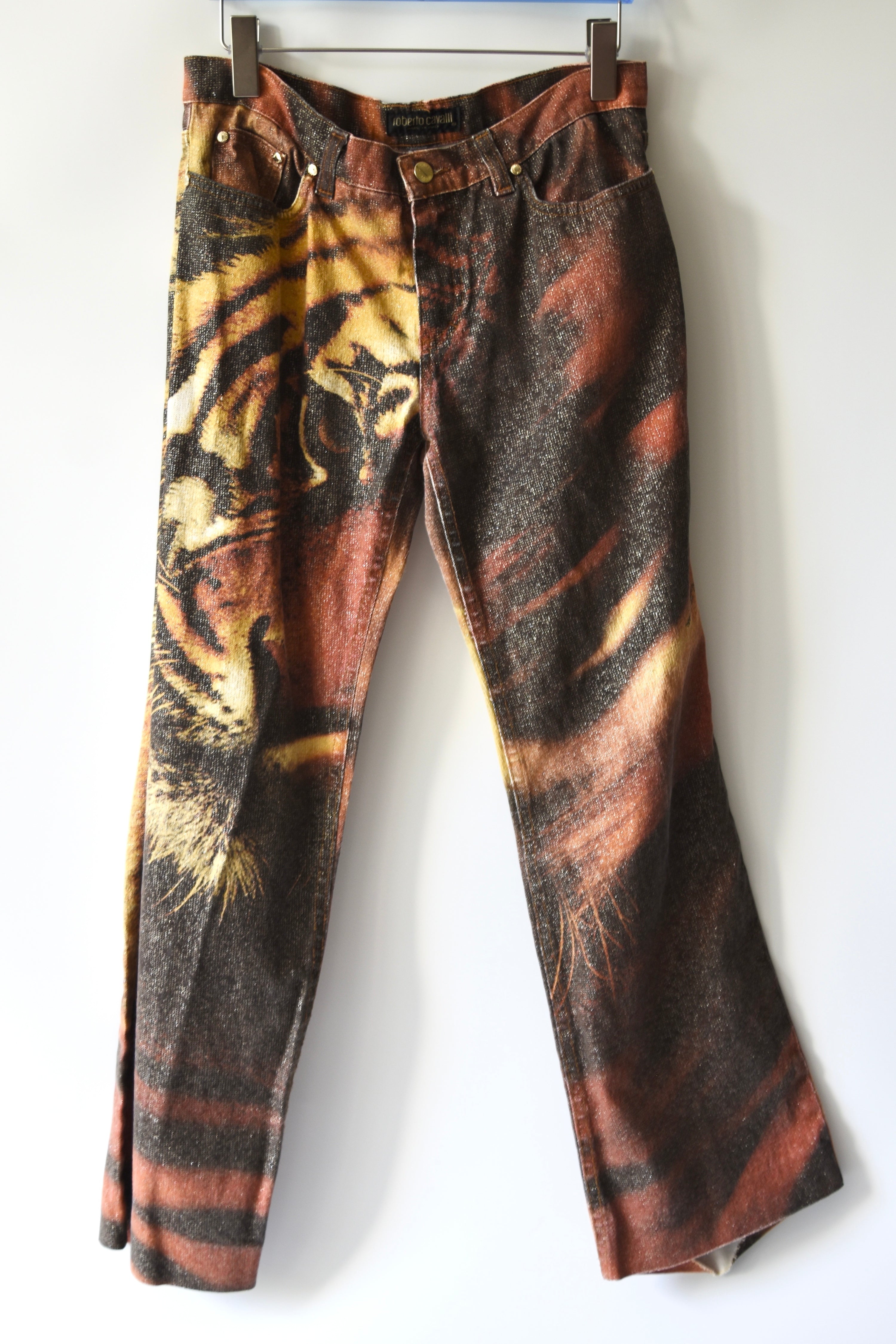Roberto Cavalli Vintage Glitter Tiger Print Low-Rise Jeans (Rare Y2K Era Statement Denim)