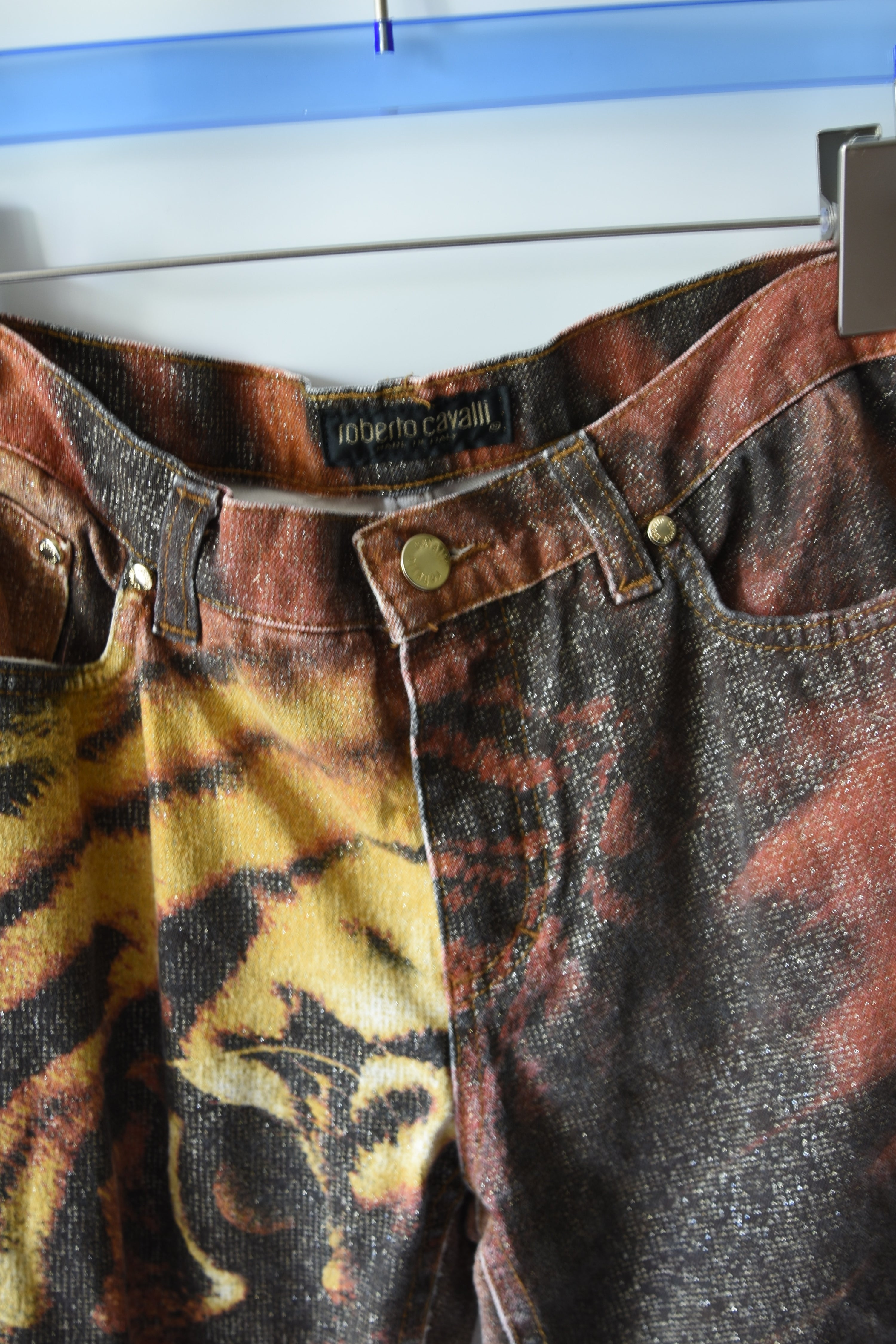 Roberto Cavalli Vintage Glitter Tiger Print Low-Rise Jeans (Rare Y2K Era Statement Denim)