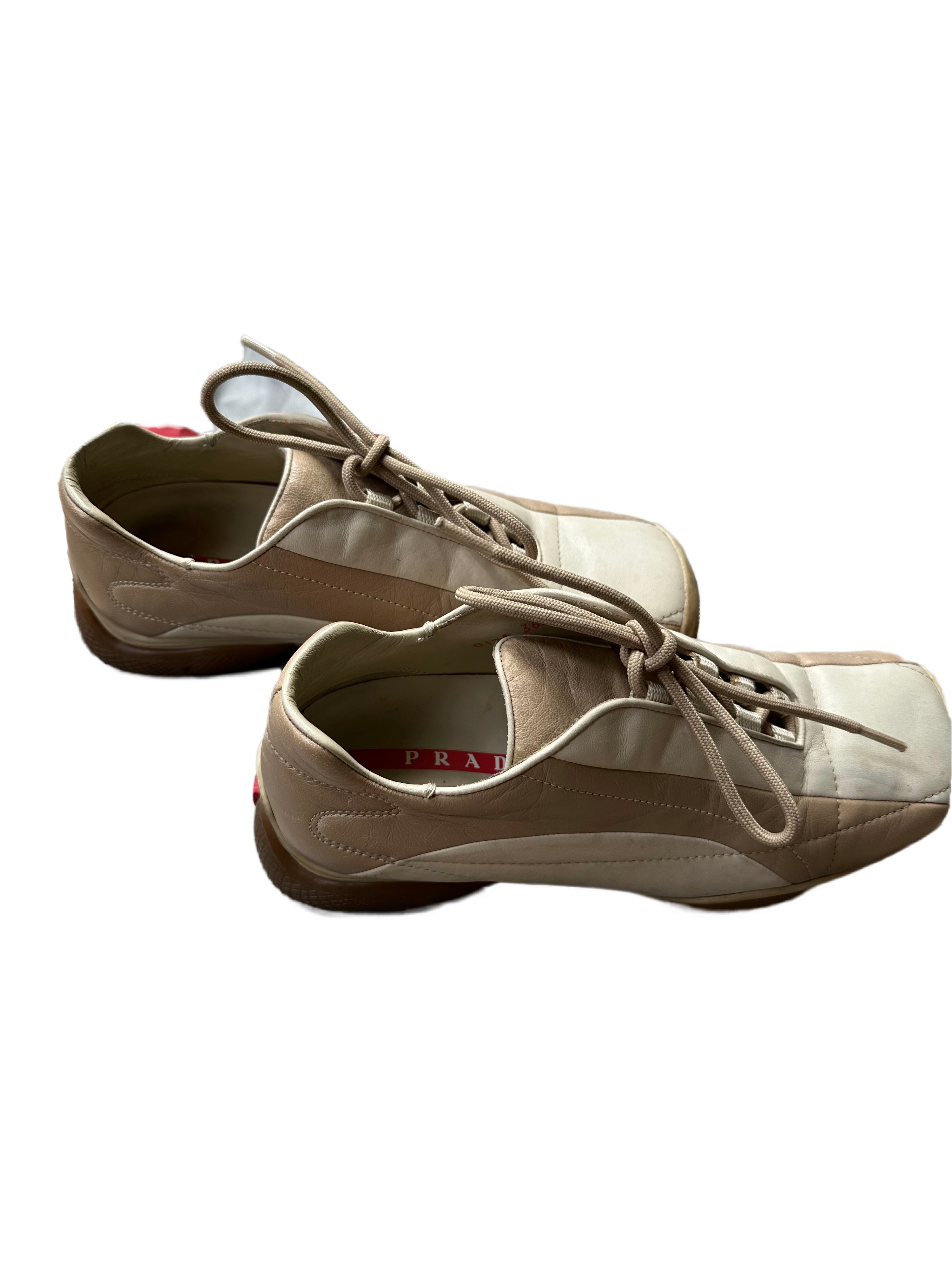 PRADA Beige & Cream Leather Lace-Up Low Sneakers with Red Tab Detail (Classic Sporty Silhouette)