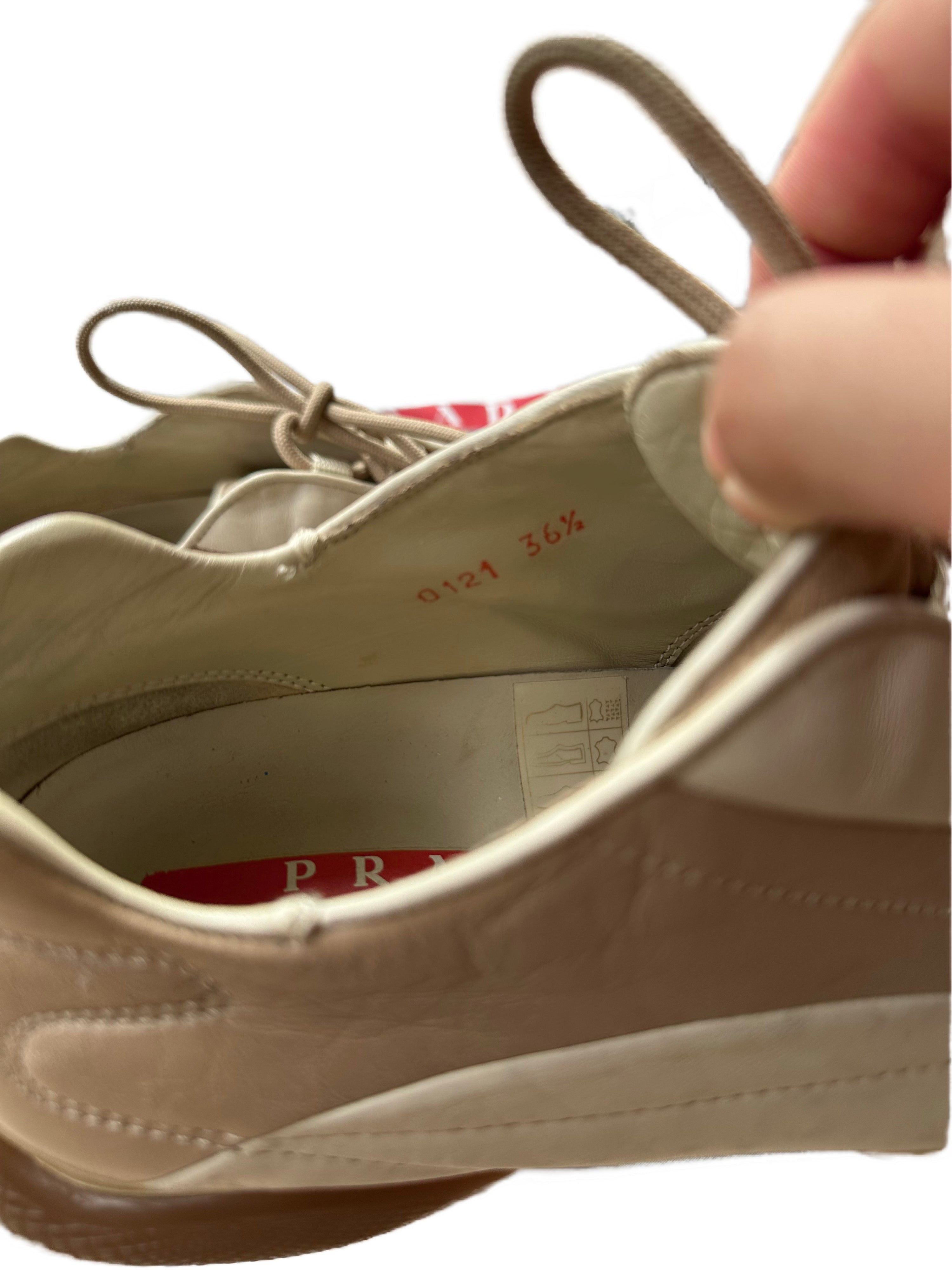 PRADA Beige & Cream Leather Lace-Up Low Sneakers with Red Tab Detail (Classic Sporty Silhouette)