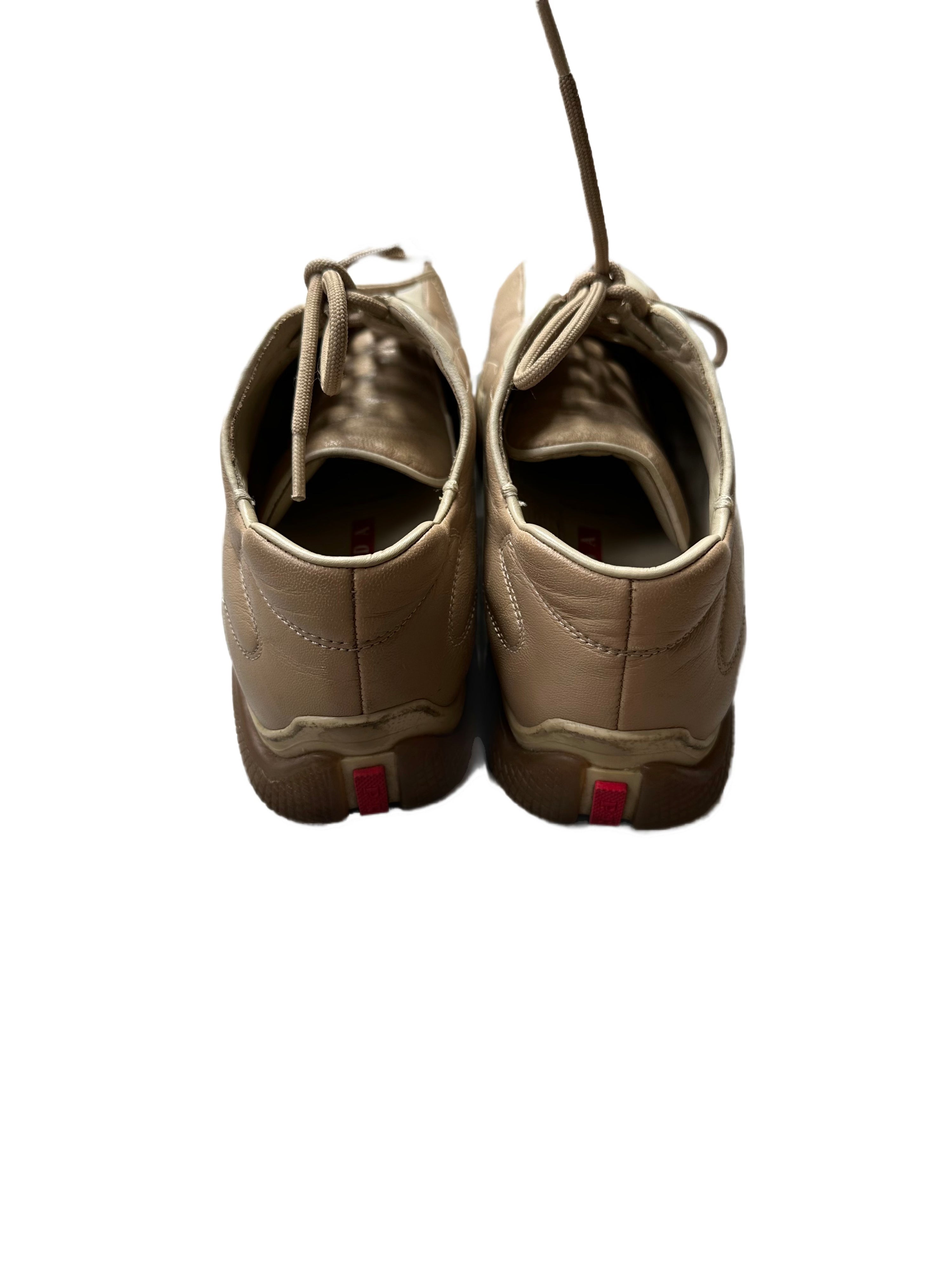 PRADA Beige & Cream Leather Lace-Up Low Sneakers with Red Tab Detail (Classic Sporty Silhouette)