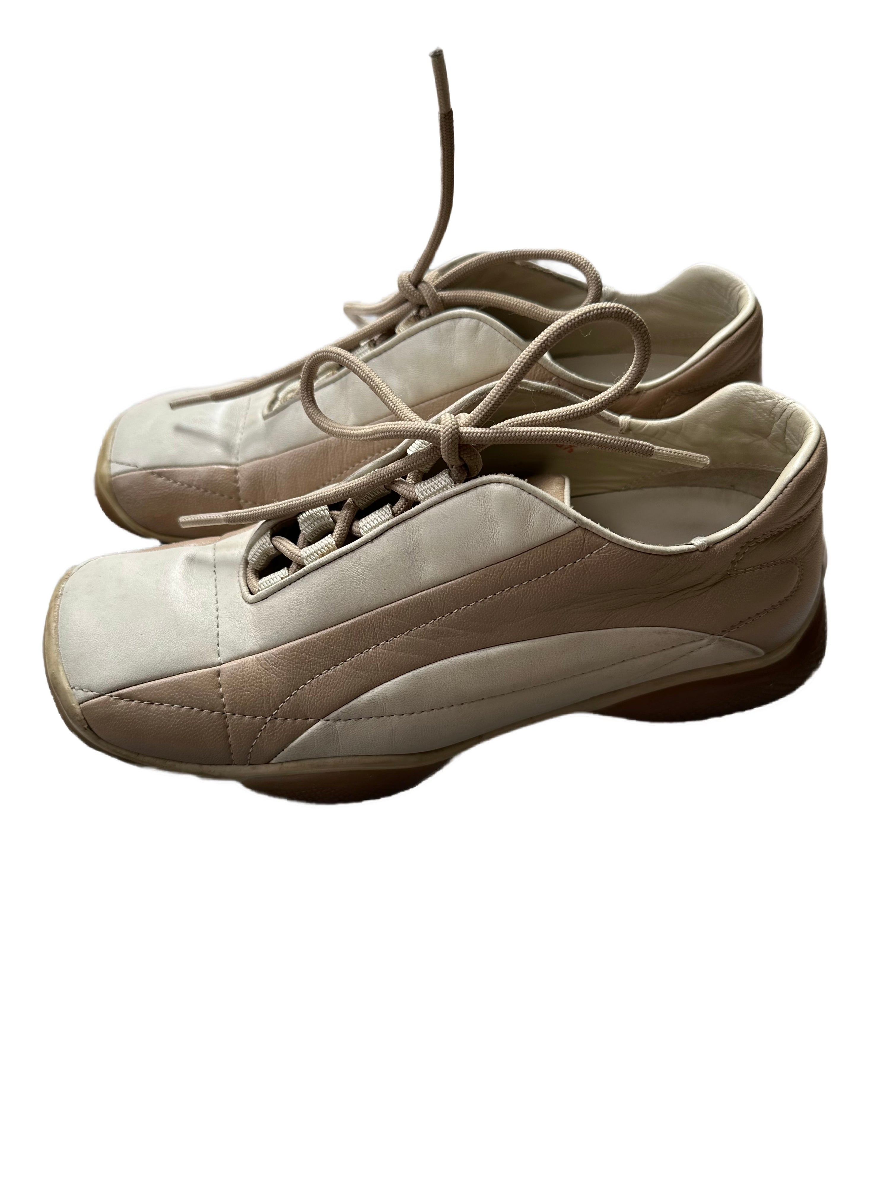 PRADA Beige & Cream Leather Lace-Up Low Sneakers with Red Tab Detail (Classic Sporty Silhouette)