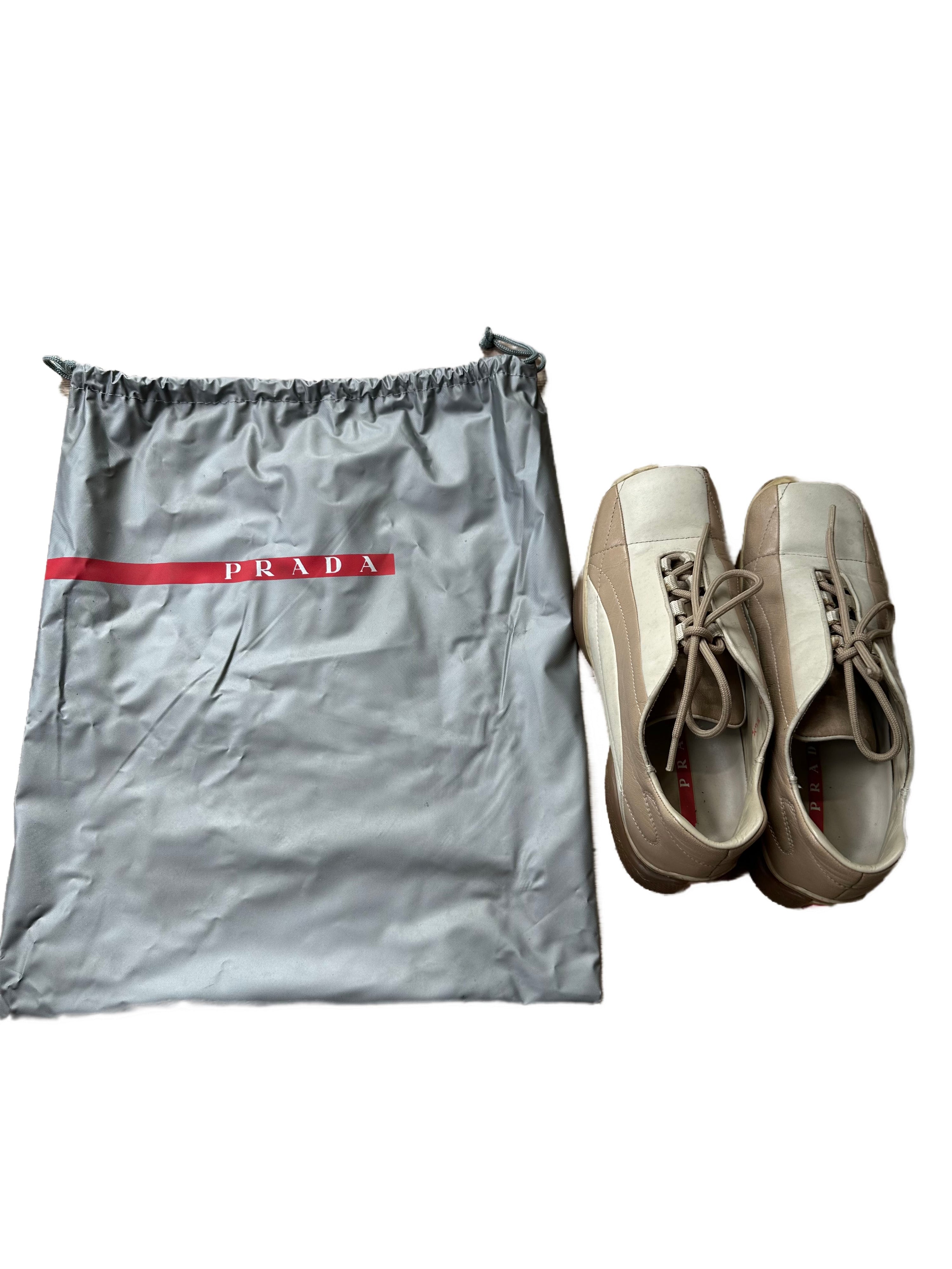 PRADA Beige & Cream Leather Lace-Up Low Sneakers with Red Tab Detail (Classic Sporty Silhouette)