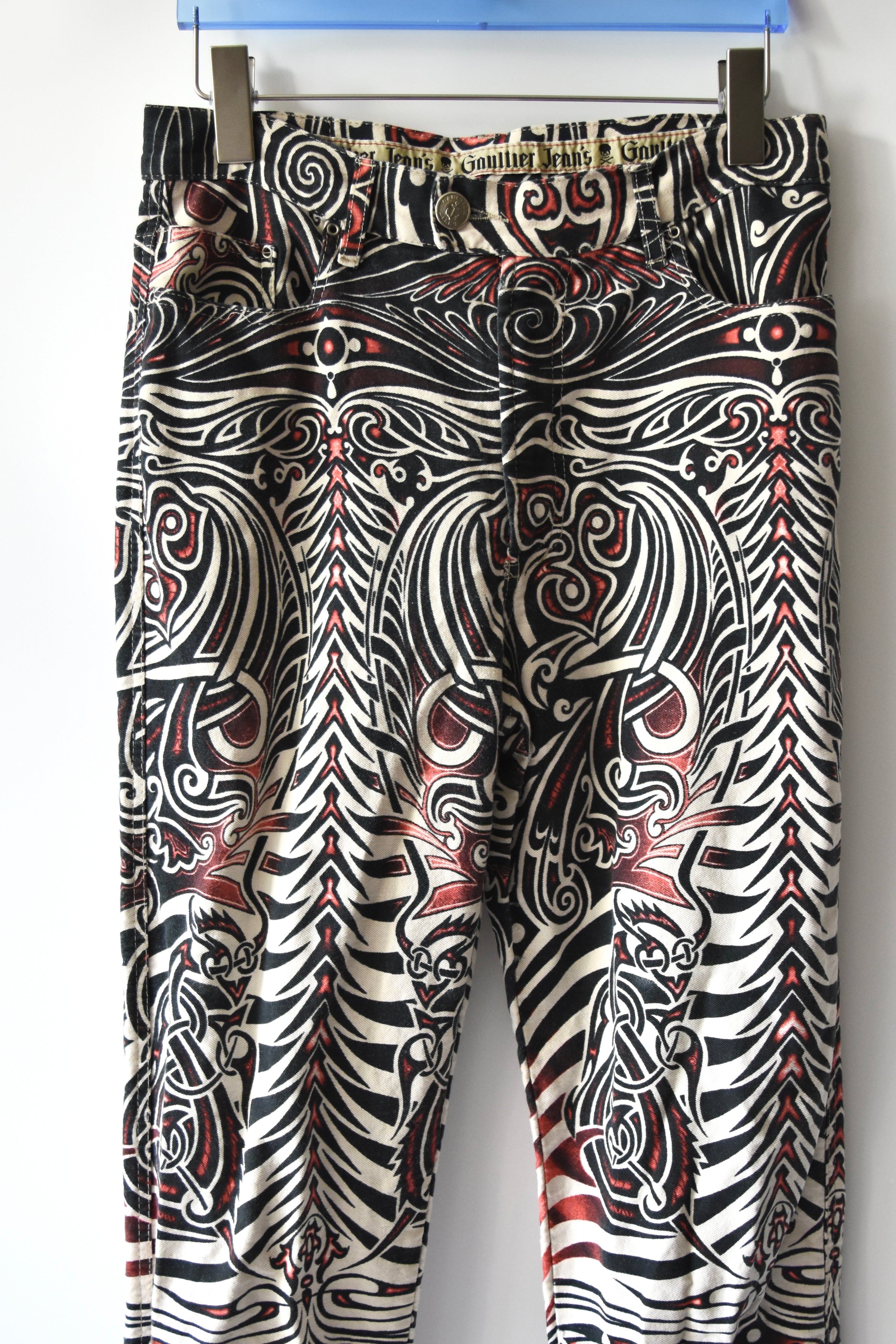 Jean Paul Gaultier Jeans Tribal Print Flared Trousers (Gothic Tattoo Swirl in Black–Red–Ivory)