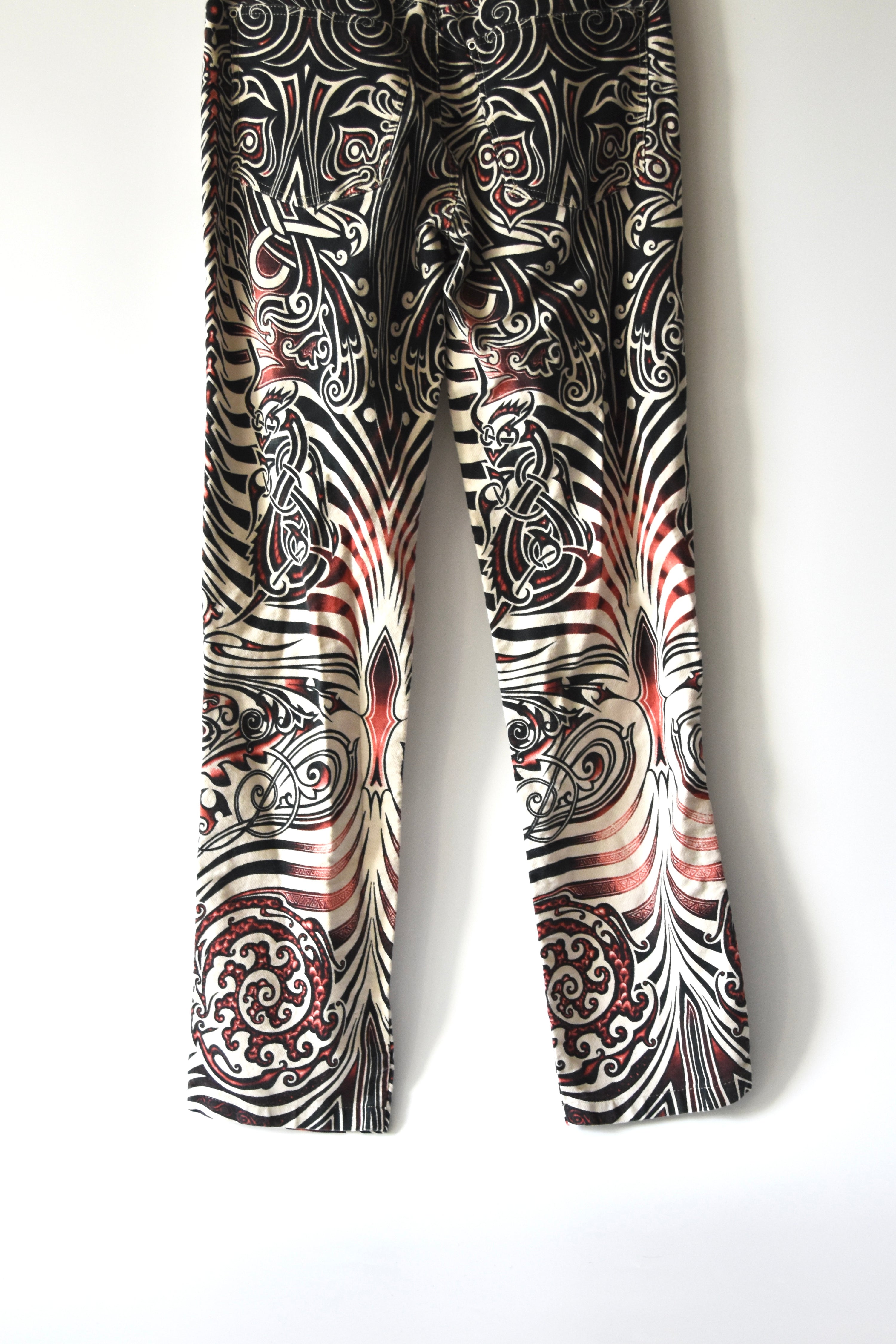 Jean Paul Gaultier Jeans Tribal Print Flared Trousers (Gothic Tattoo Swirl in Black–Red–Ivory)