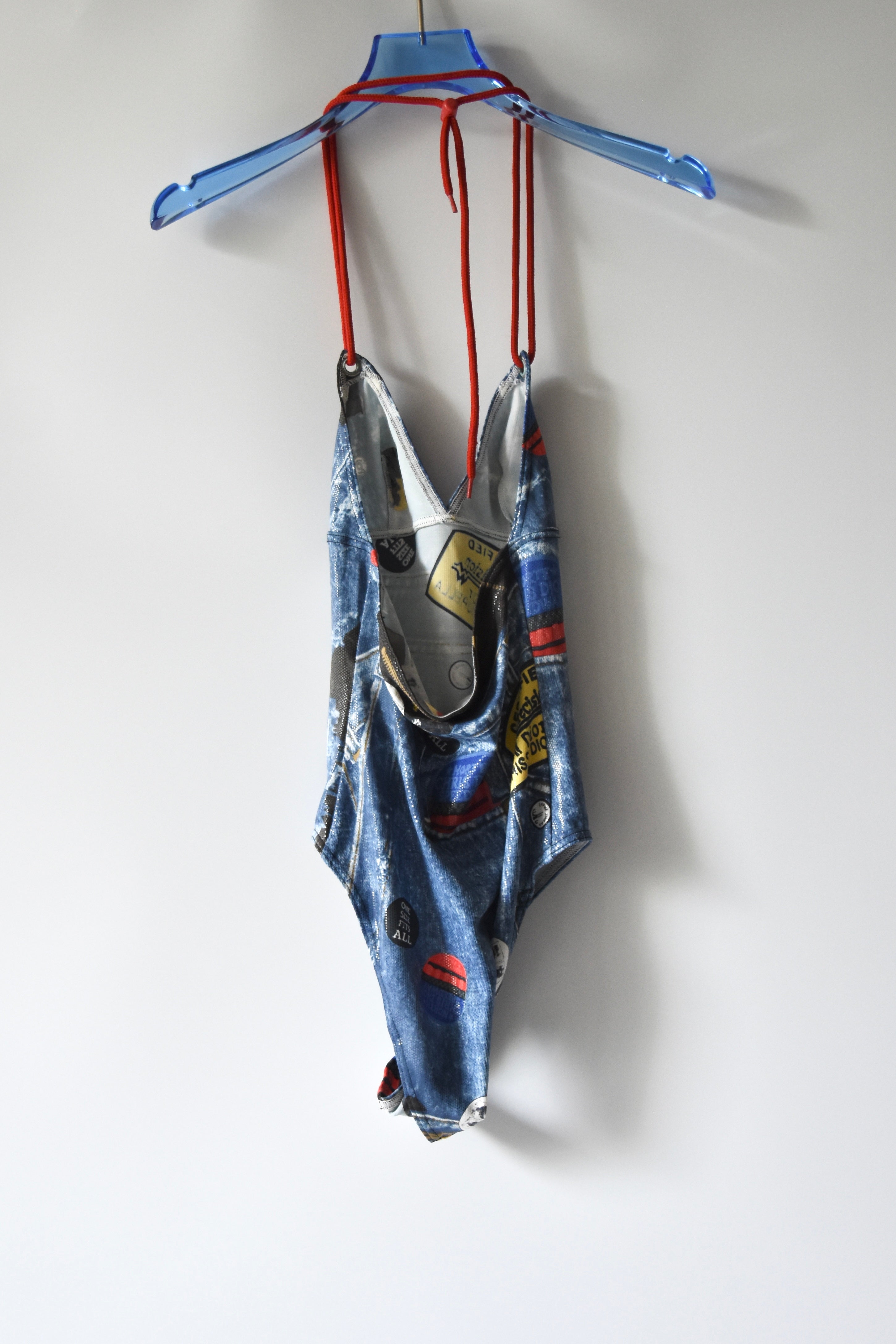 Christian Dior Patch Badge Print Monokini Swimsuit (Punk Americana in Trompe L'oeil Denim)