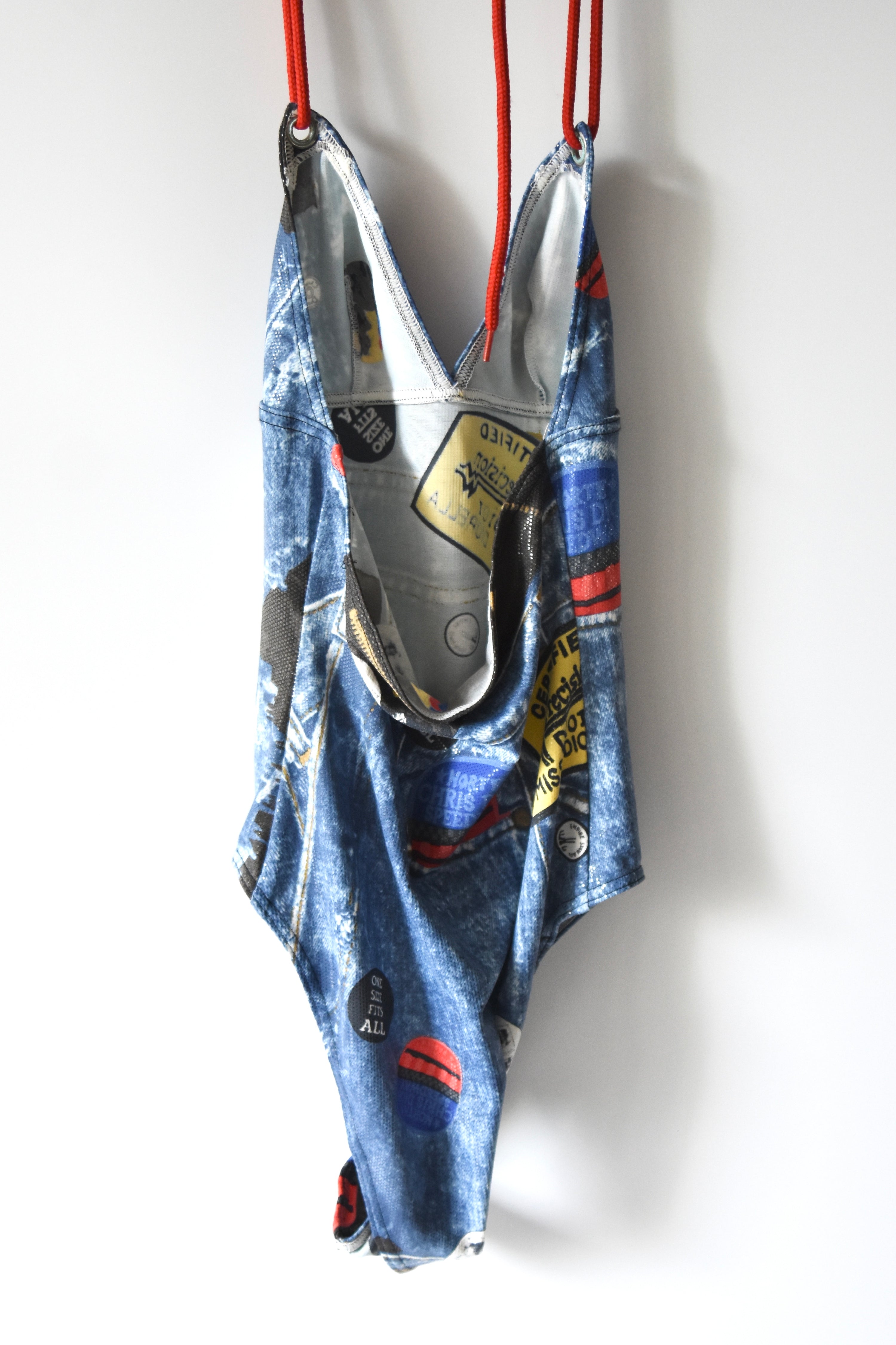 Christian Dior Patch Badge Print Monokini Swimsuit (Punk Americana in Trompe L'oeil Denim)