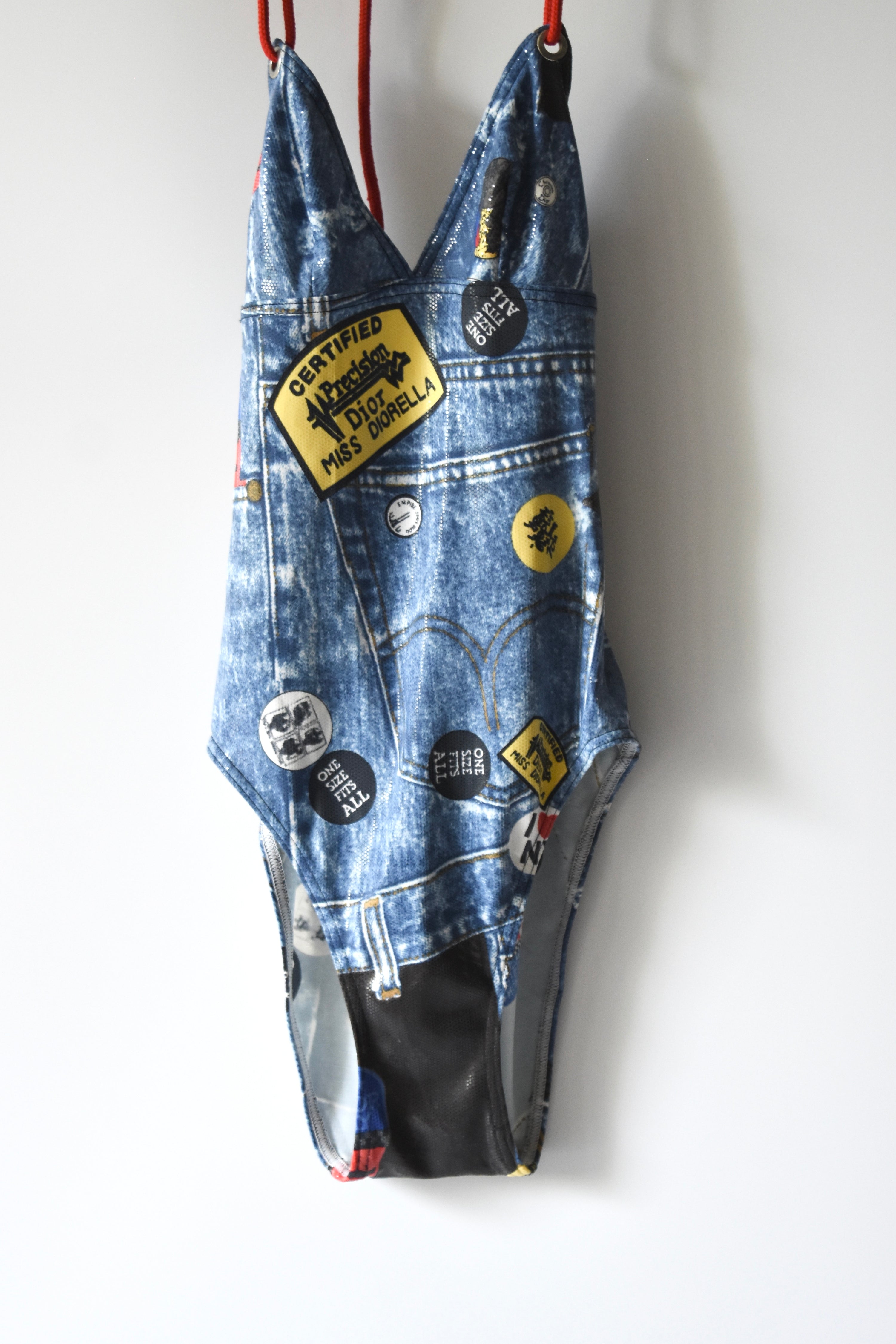 Christian Dior Patch Badge Print Monokini Swimsuit (Punk Americana in Trompe L'oeil Denim)