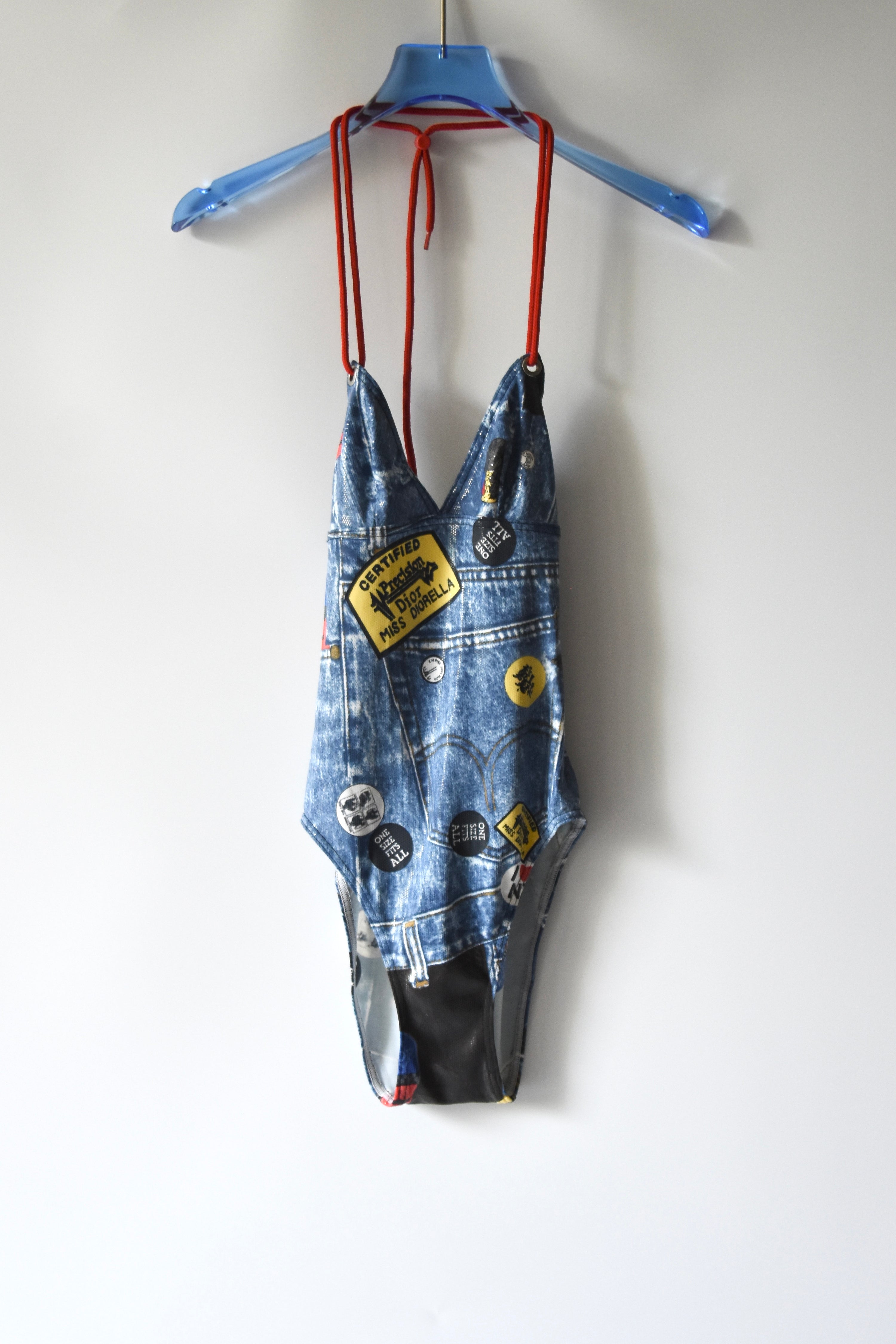Christian Dior Patch Badge Print Monokini Swimsuit (Punk Americana in Trompe L'oeil Denim)