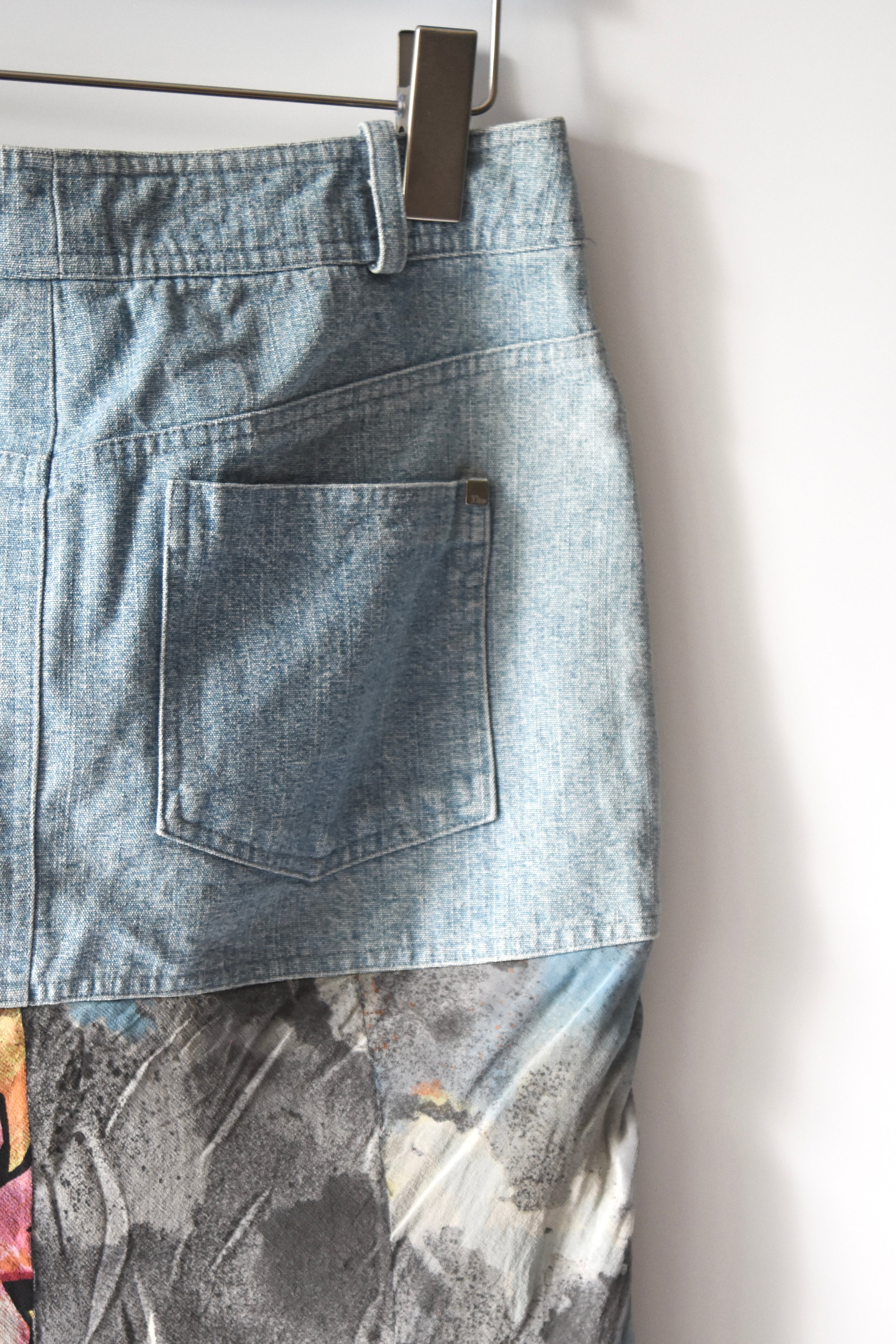 Christian Dior by John Galliano Graffiti Silk Hem Hybrid Skirt (Utility Denim Meets Couture Streetwear)