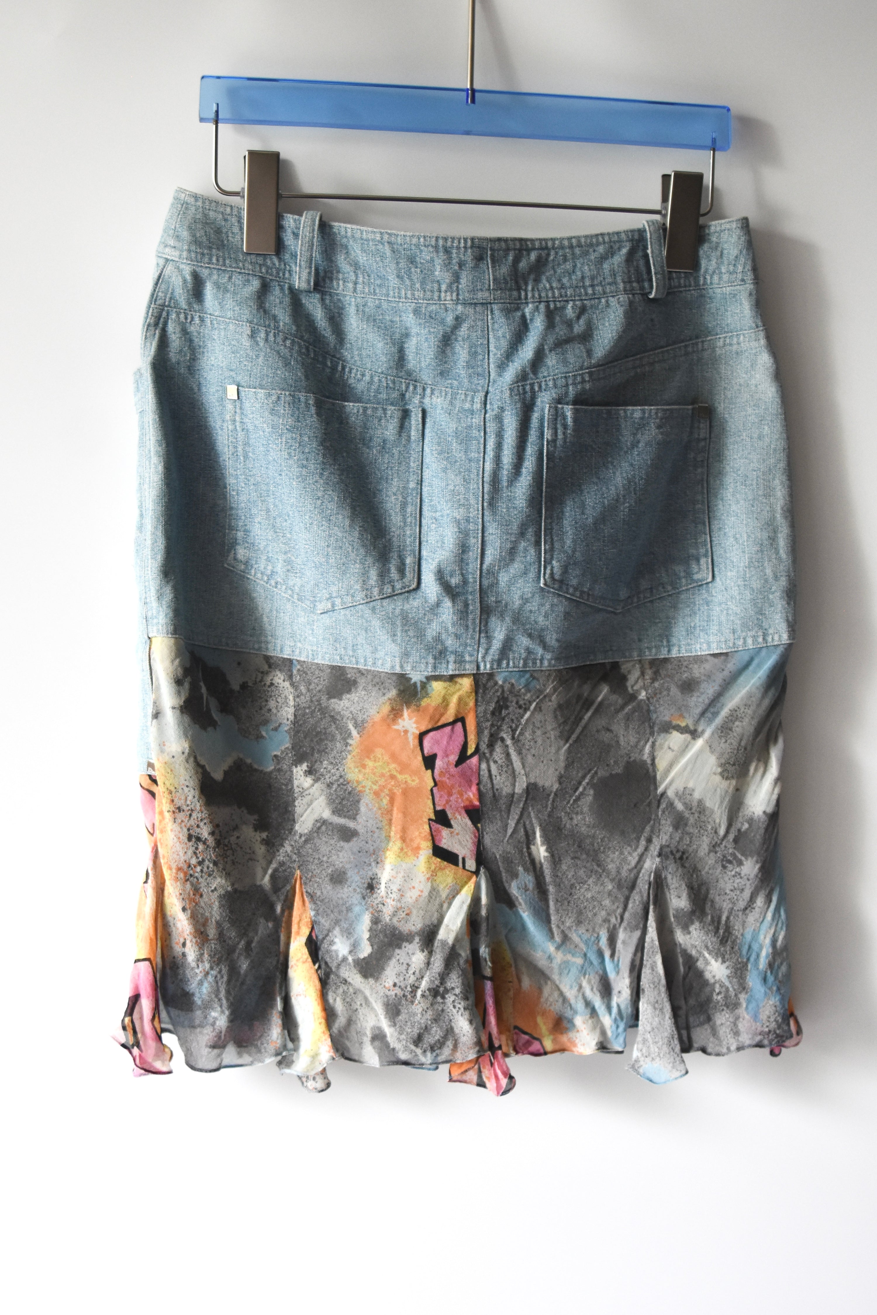 Christian Dior by John Galliano Graffiti Silk Hem Hybrid Skirt (Utility Denim Meets Couture Streetwear)