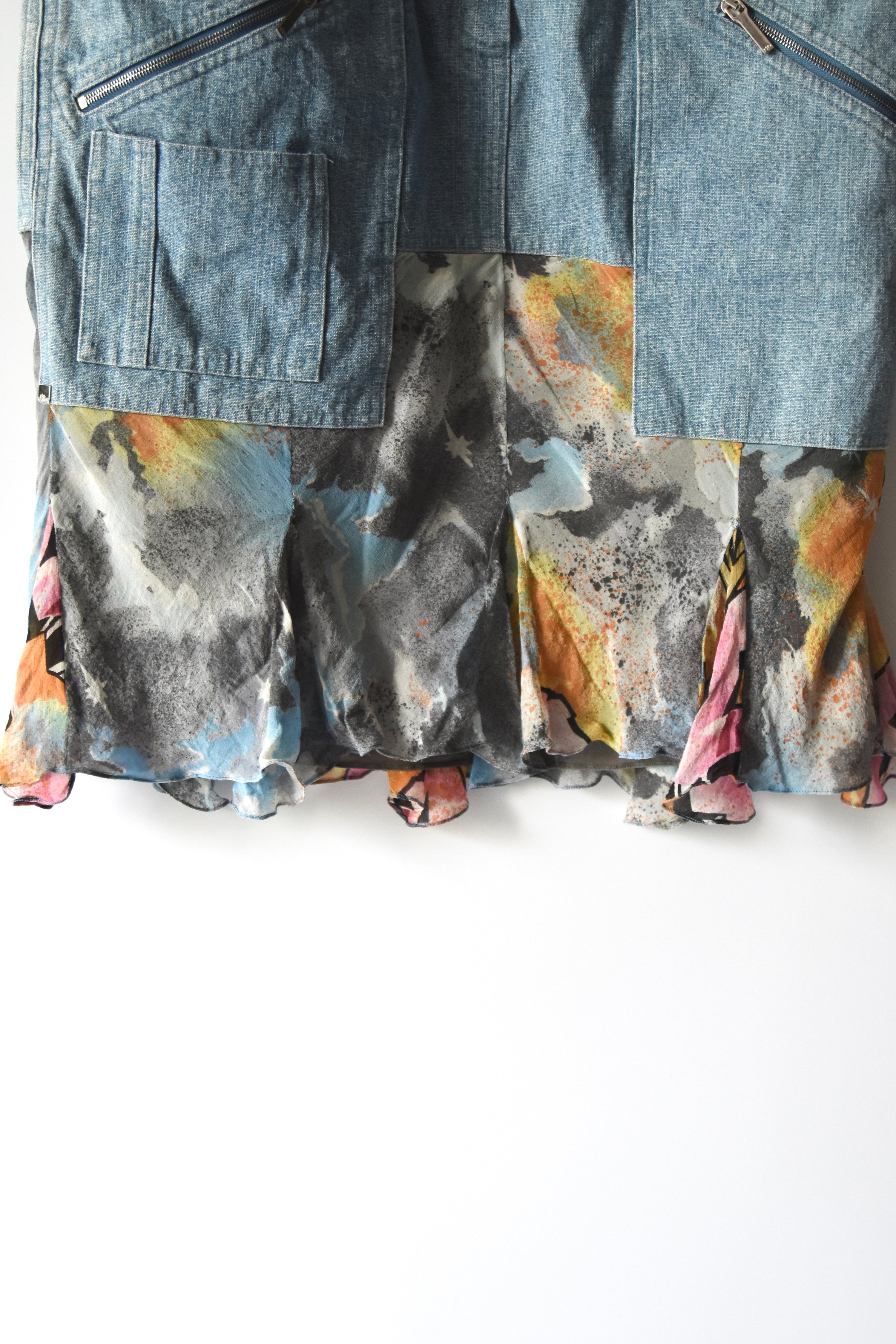 Christian Dior by John Galliano Graffiti Silk Hem Hybrid Skirt (Utility Denim Meets Couture Streetwear)