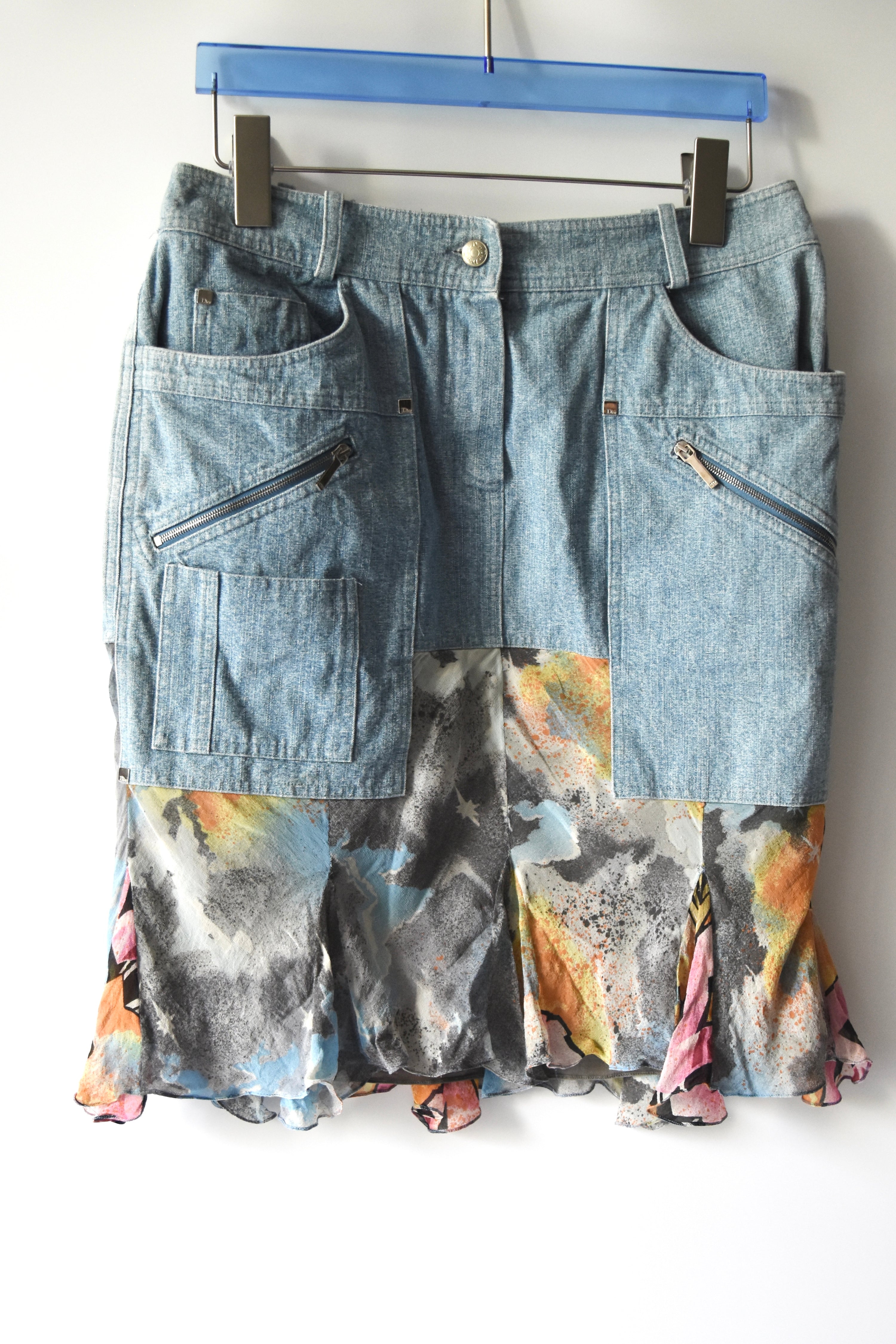 Christian Dior by John Galliano Graffiti Silk Hem Hybrid Skirt (Utility Denim Meets Couture Streetwear)
