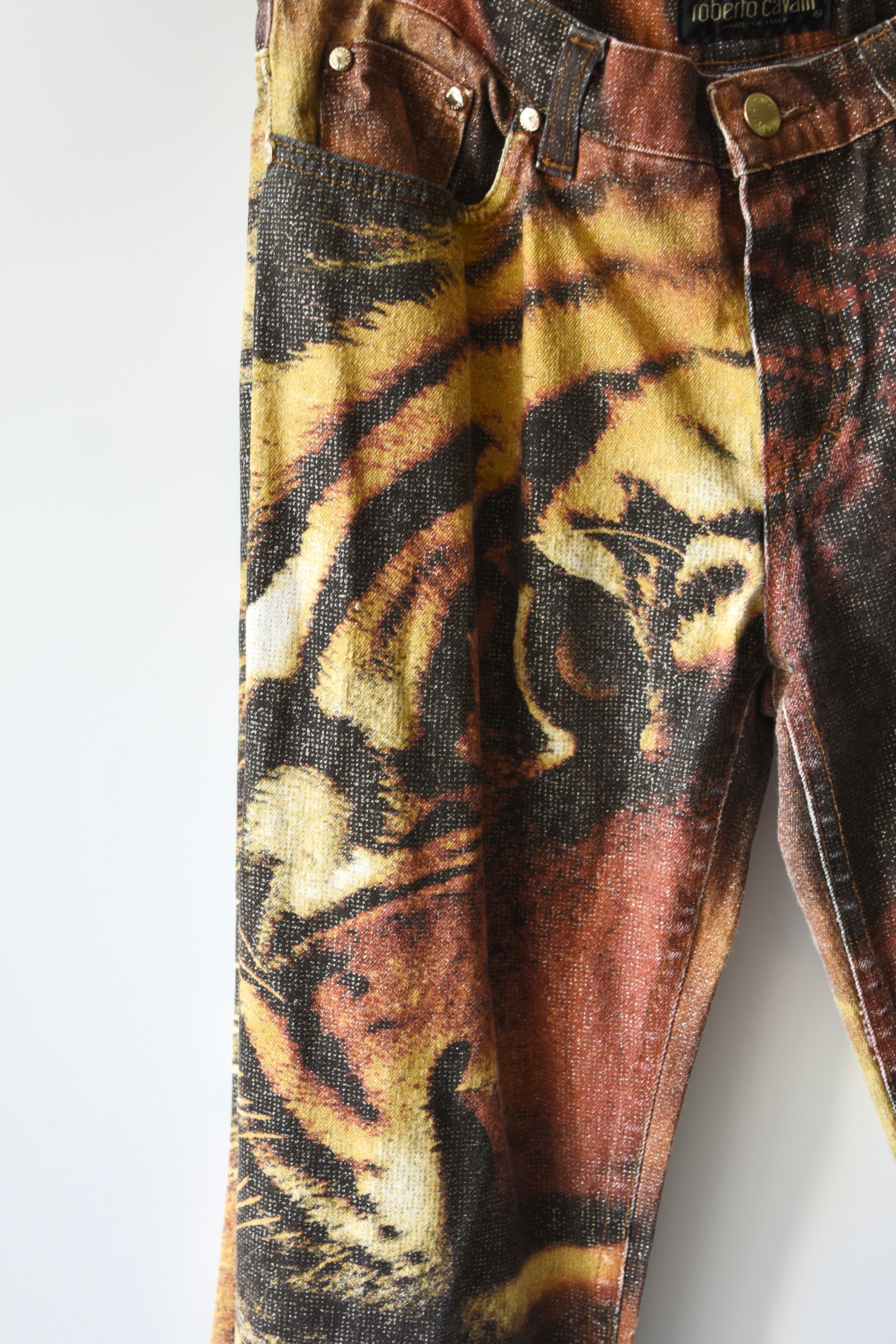 Roberto Cavalli Vintage Glitter Tiger Print Low-Rise Jeans (Rare Y2K Era Statement Denim)