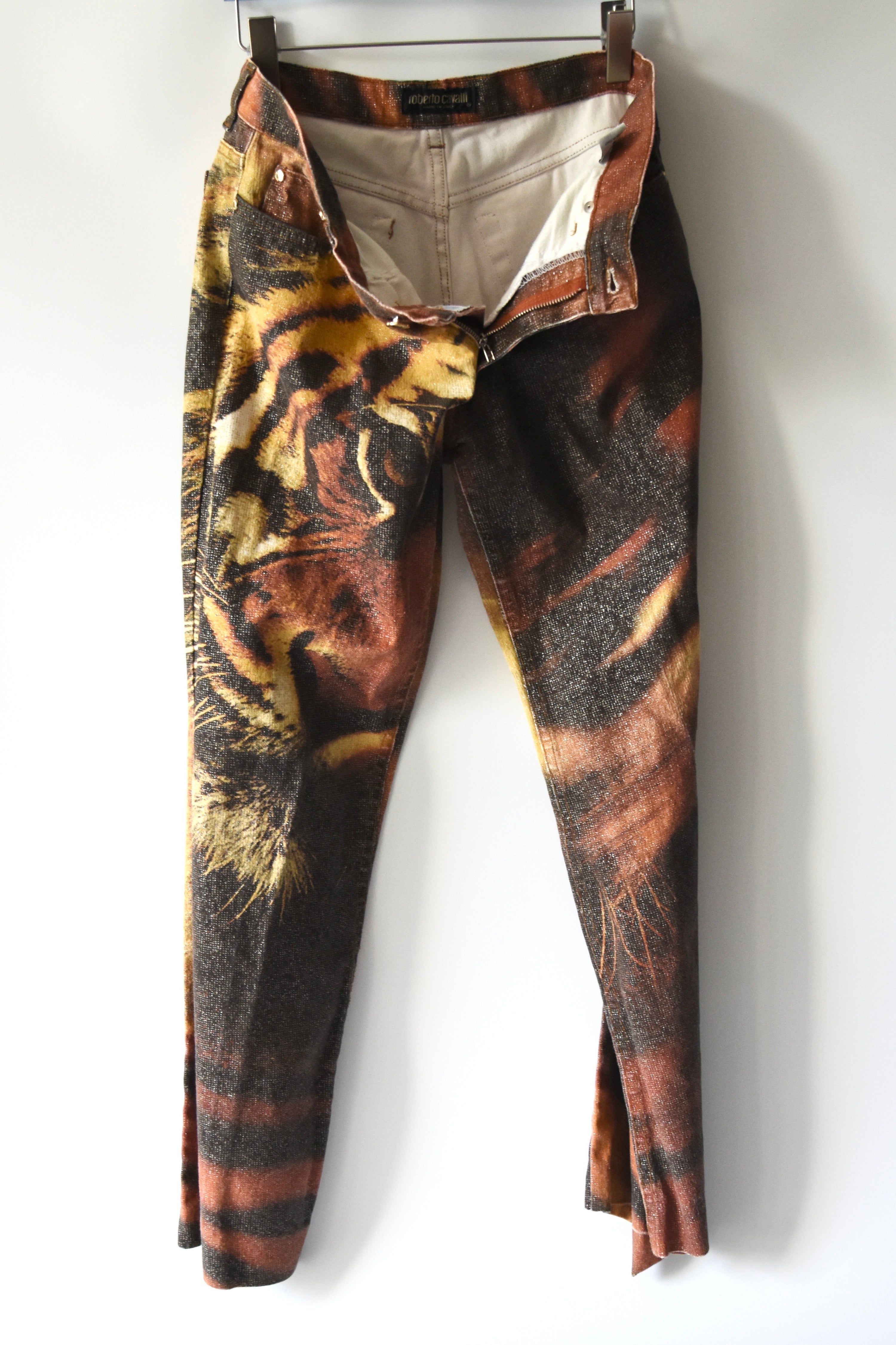 Roberto Cavalli Vintage Glitter Tiger Print Low-Rise Jeans (Rare Y2K Era Statement Denim)