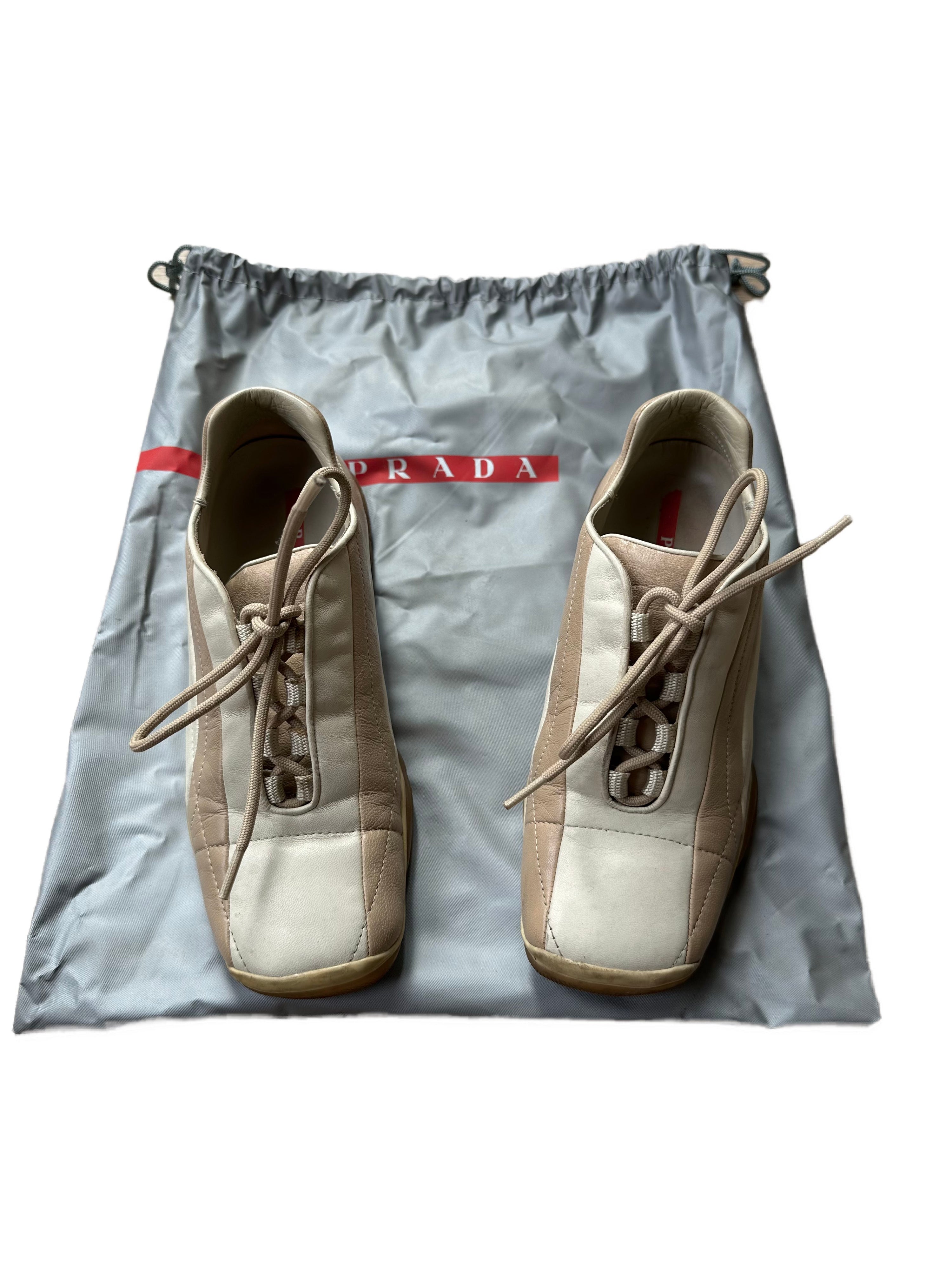 PRADA Beige & Cream Leather Lace-Up Low Sneakers with Red Tab Detail (Classic Sporty Silhouette)