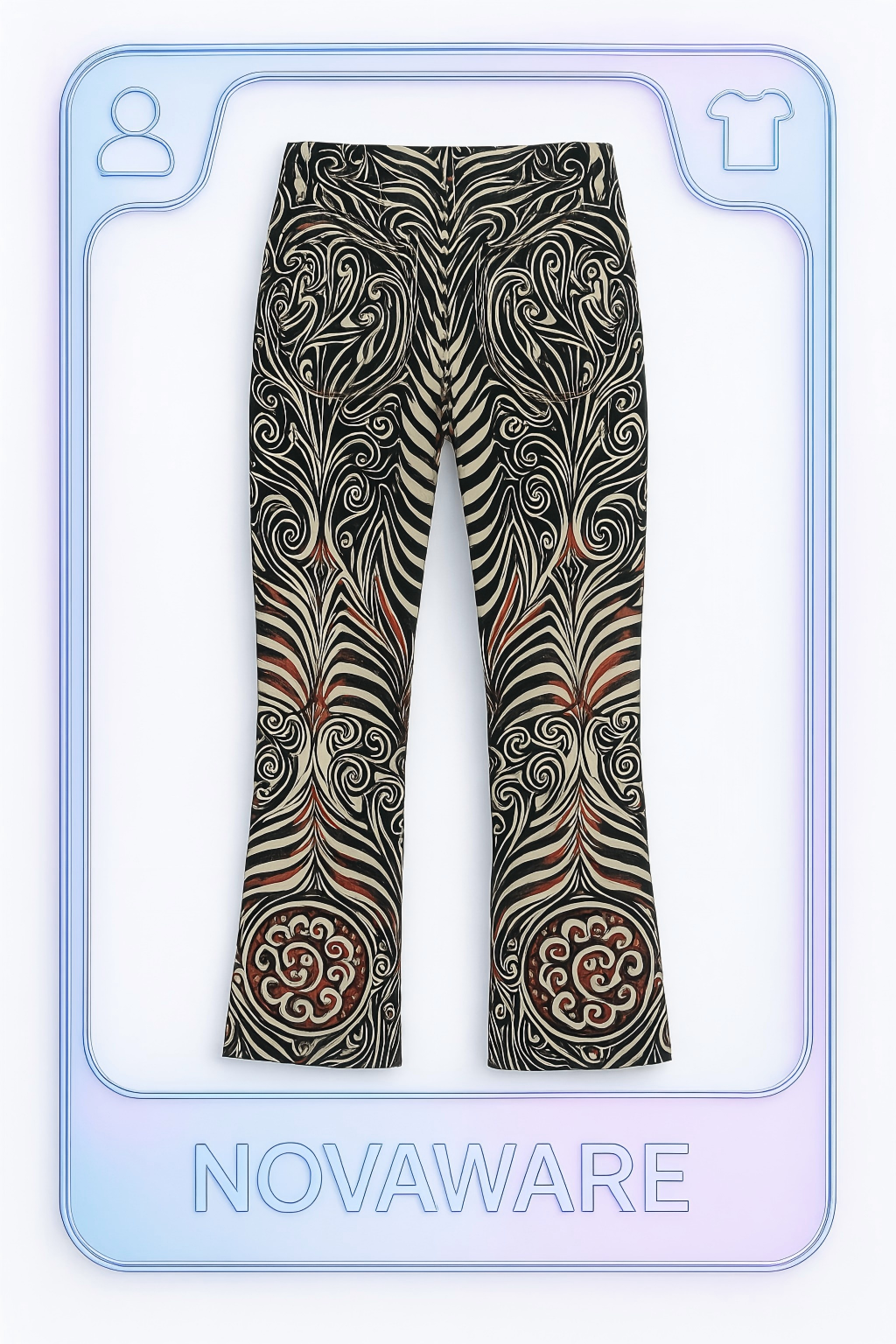 Jean Paul Gaultier Jeans Tribal Print Flared Trousers (Gothic Tattoo Swirl in Black–Red–Ivory)