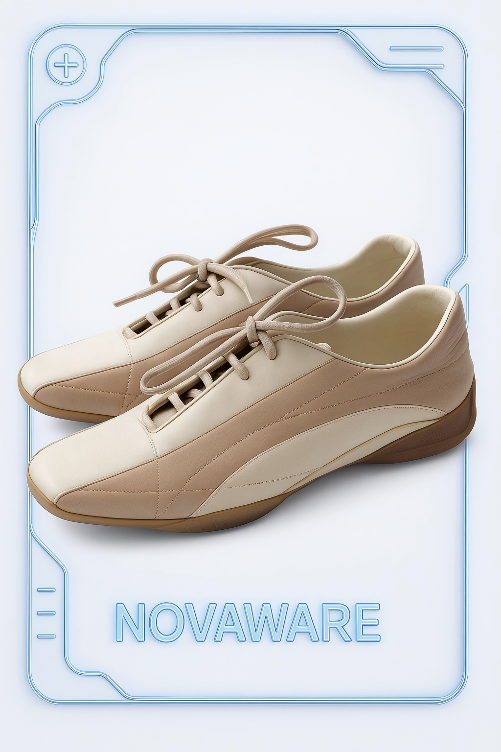 PRADA Beige & Cream Leather Lace-Up Low Sneakers with Red Tab Detail (Classic Sporty Silhouette)