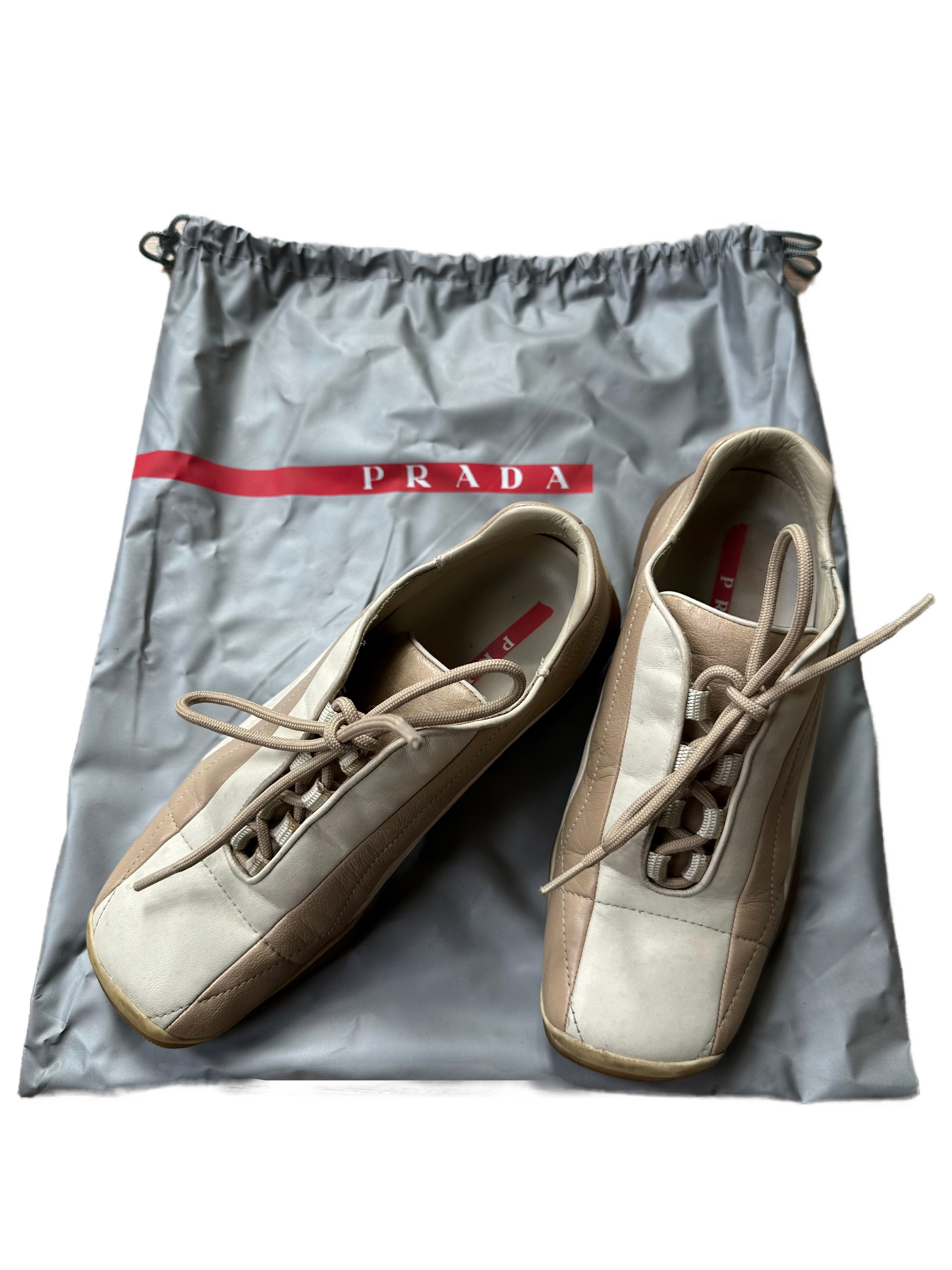 PRADA Beige & Cream Leather Lace-Up Low Sneakers with Red Tab Detail (Classic Sporty Silhouette)