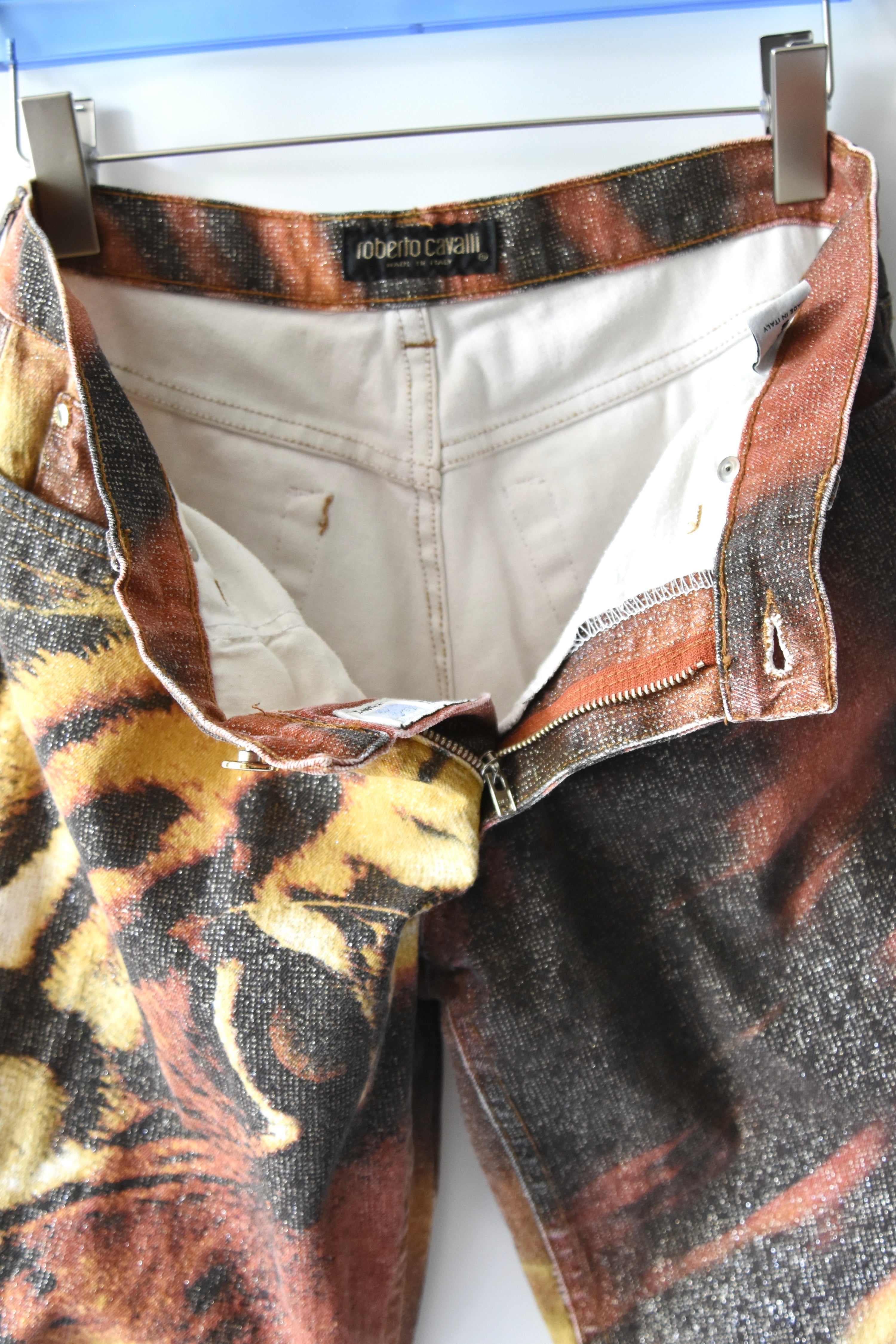 Roberto Cavalli Vintage Glitter Tiger Print Low-Rise Jeans (Rare Y2K Era Statement Denim)