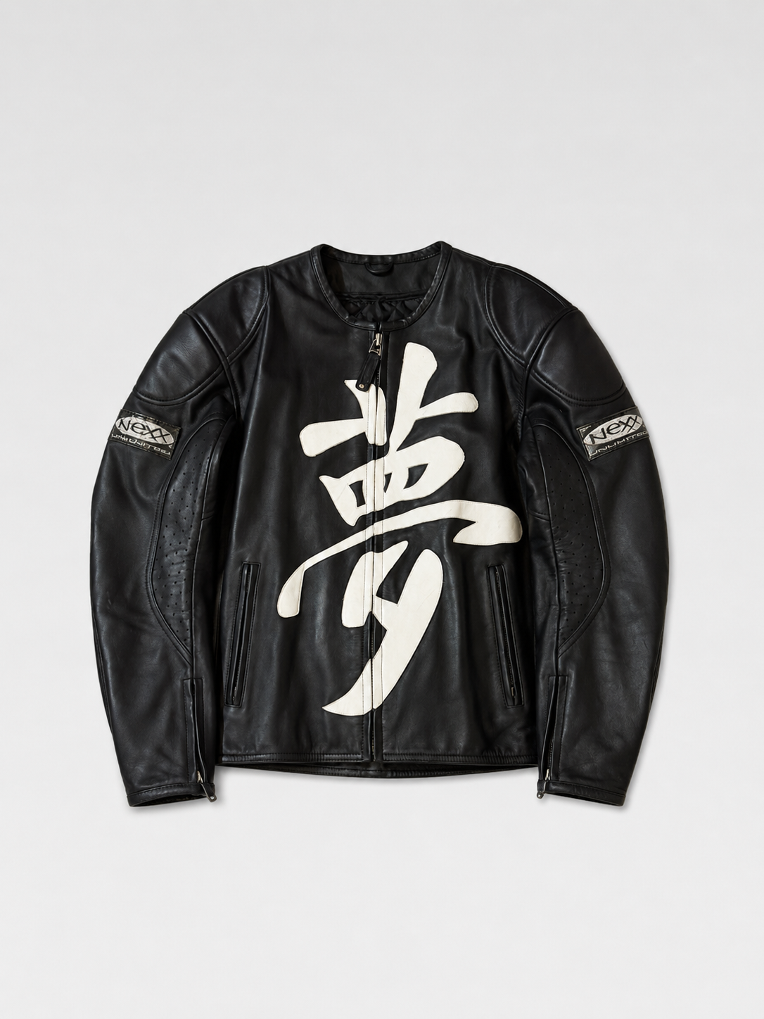 Nexx Unlimited Vintage Leather Biker Jacket Kanji Print 90s Hip Hop Archive Rare