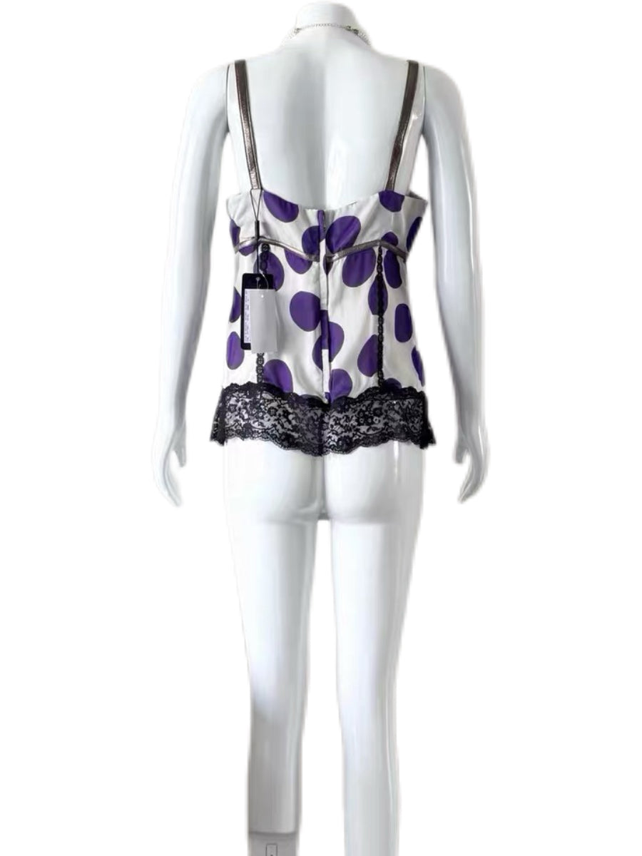 DOLCE & GABBANA Vintage Purple Polka-Dot Silk Lace Camisole Top