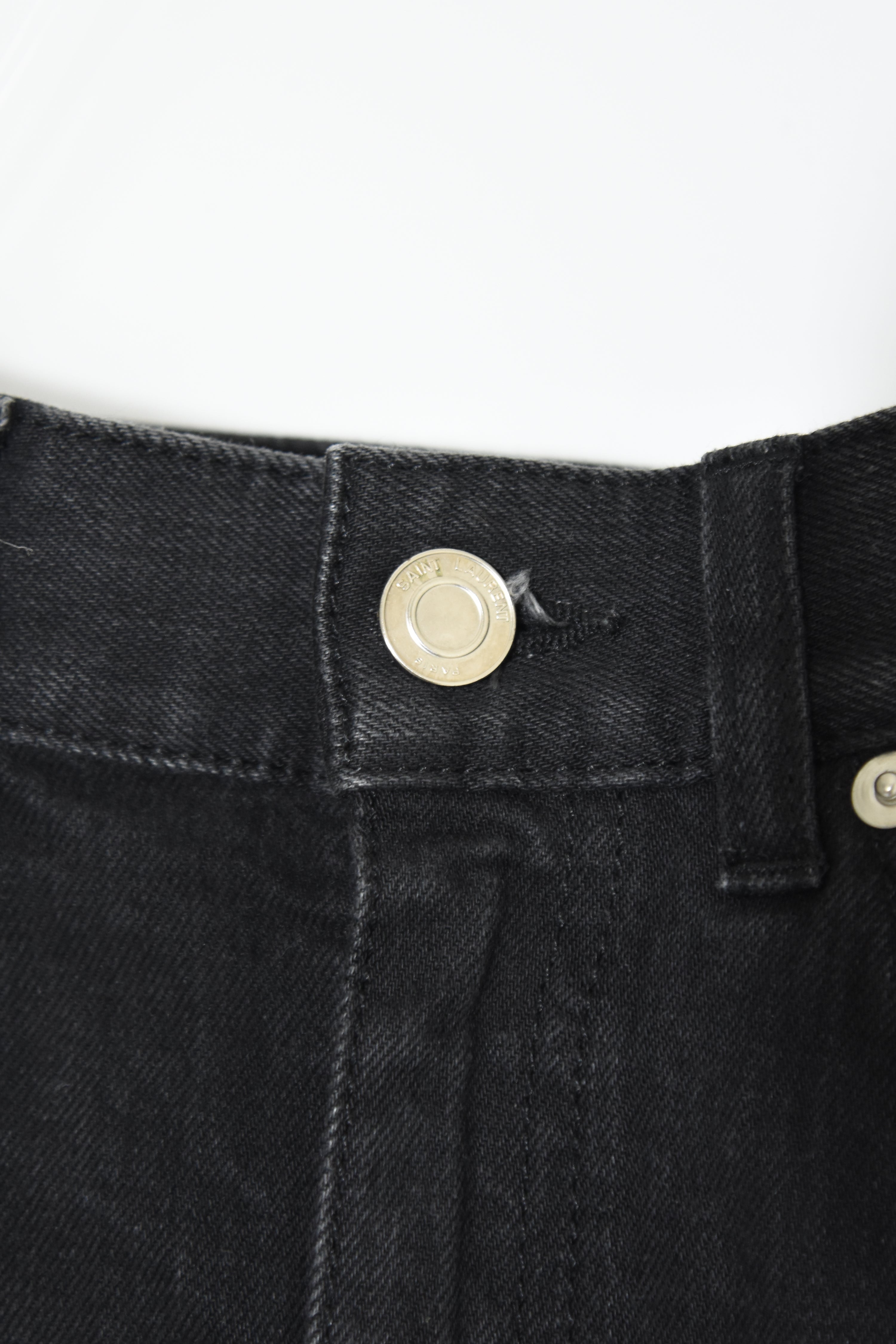 Saint Laurent Paris Embellished Fringe Denim Mini Skirt — Black Distressed High-Rise (Near New)
