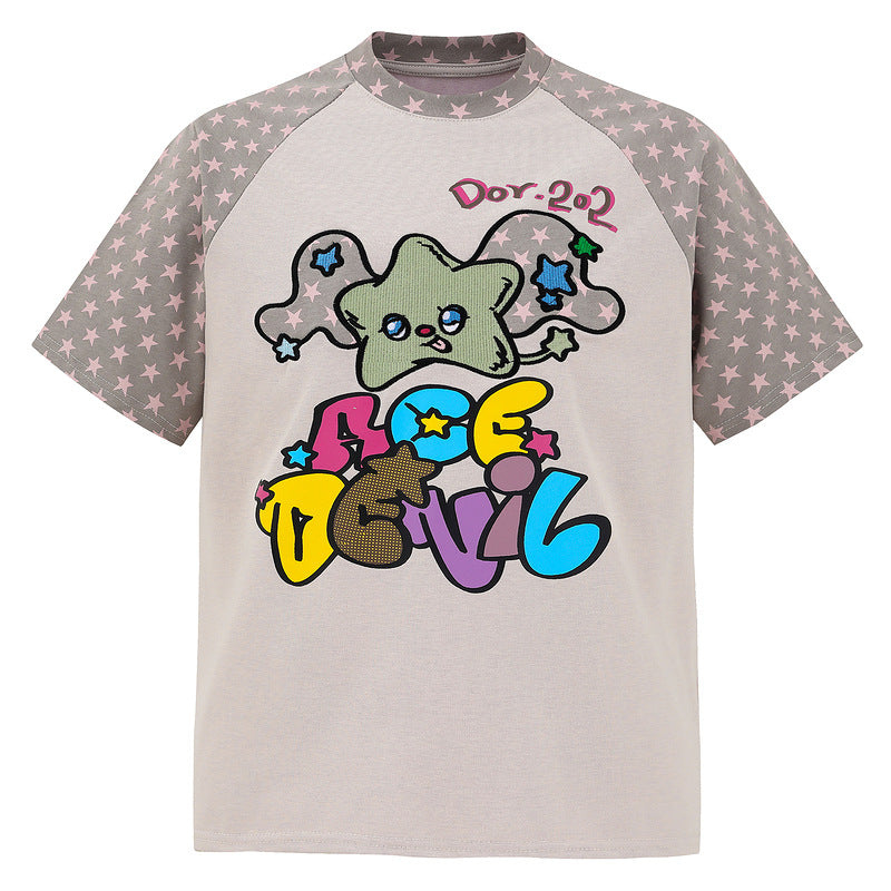 Light Brown Cartoon Print Pink Stars Short Sleeve Unisex Summer T-shirt