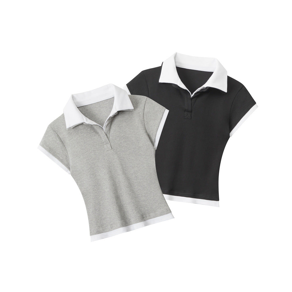 Slim Fit Short Polo Shirt Short Sleeve T Women's Summer Turn-Down Collar Fake Two-Piece Regular Shoulder Top