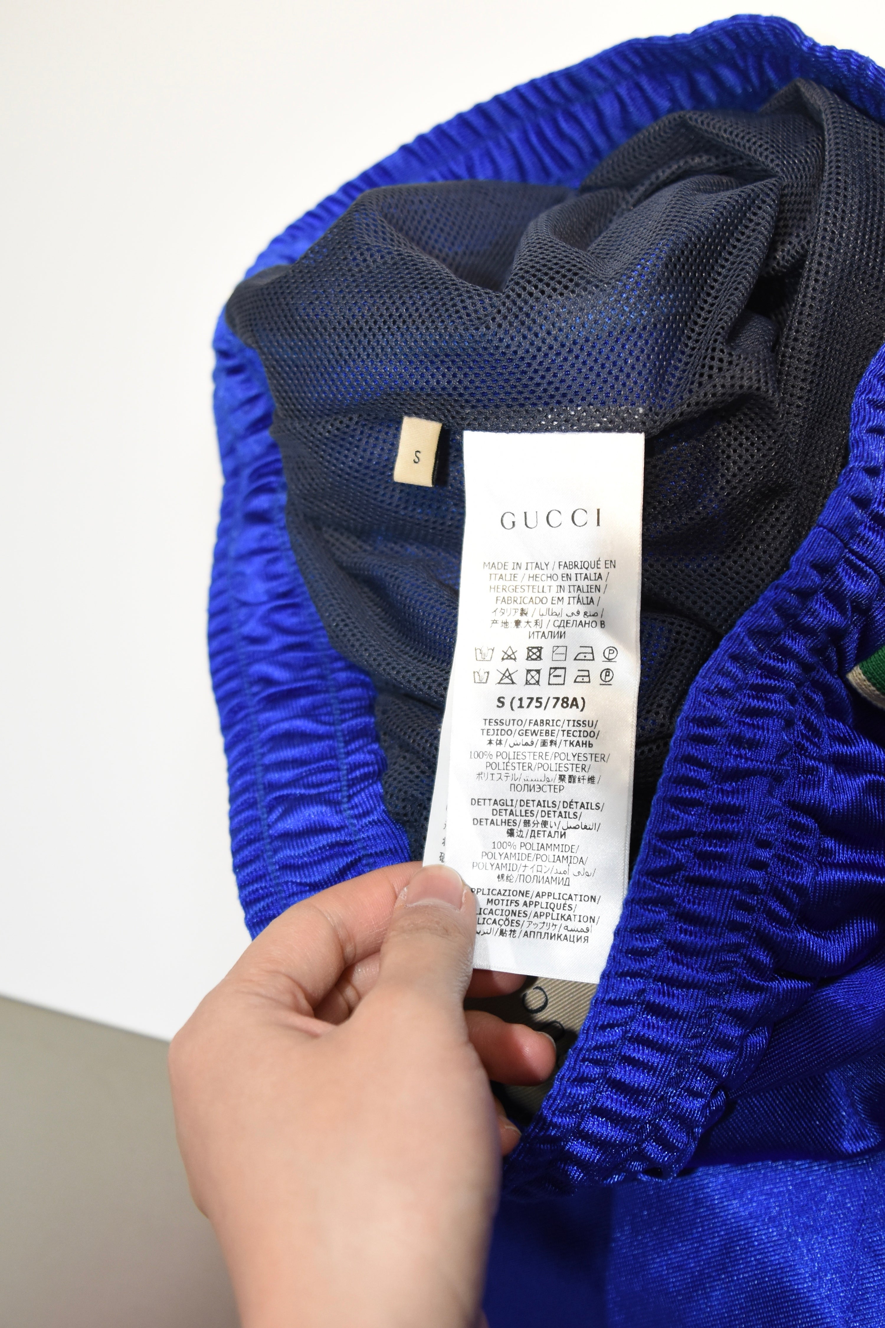 Gucci Blue Satin Track Pants with Web Stripe – Alessandro Michele Era Silk-Look Jogger Trousers