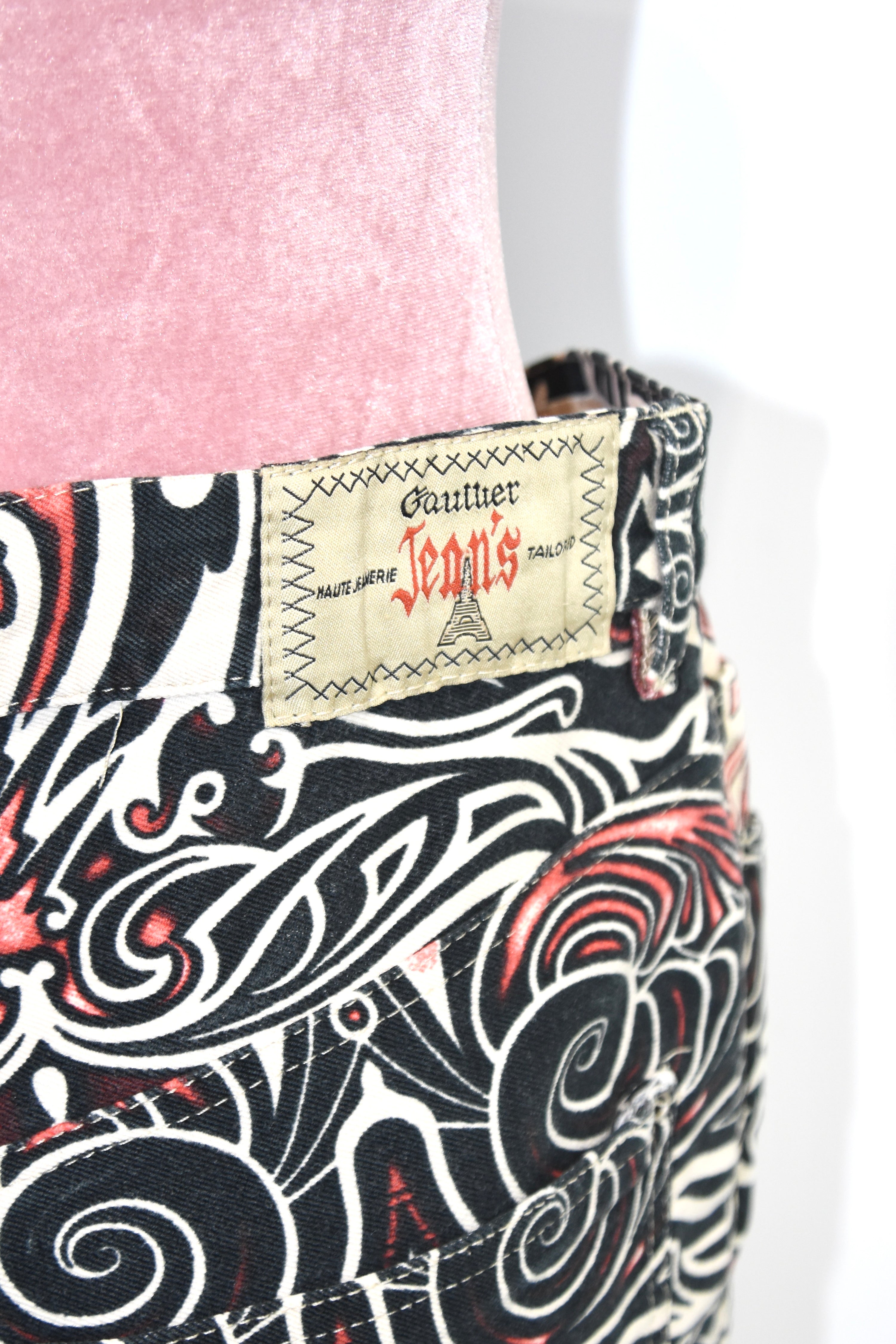 Jean Paul Gaultier Jeans Tribal Print Flared Trousers (Gothic Tattoo Swirl in Black–Red–Ivory)