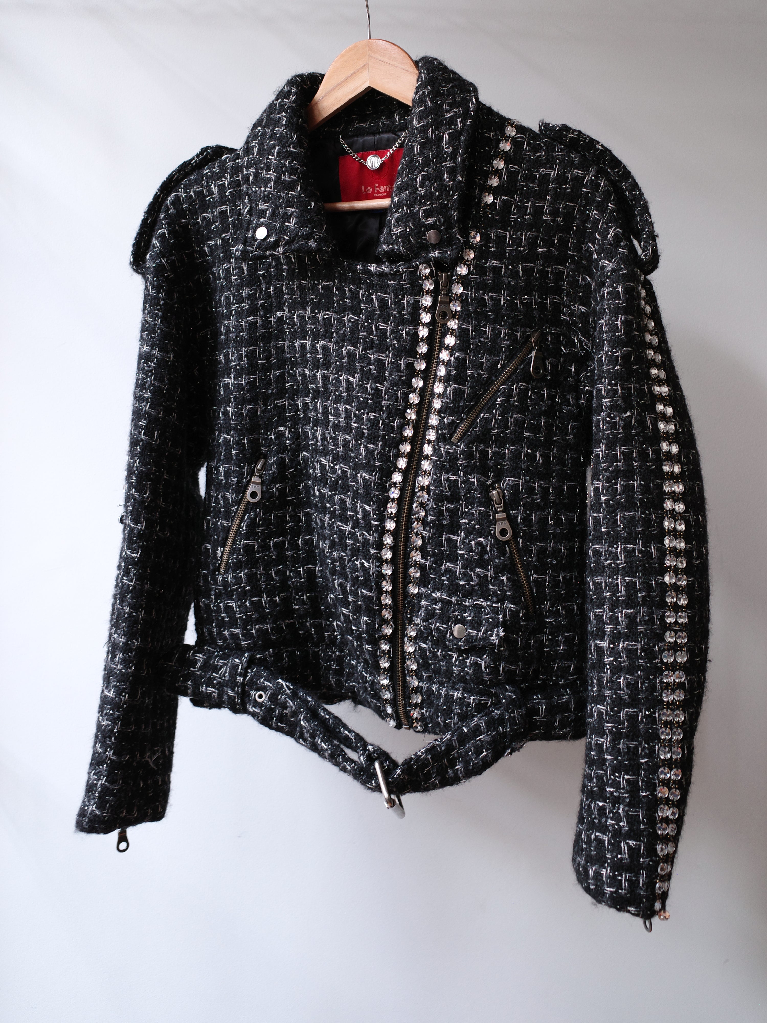Le Fame Tweed Rhinestone Belted Jacket