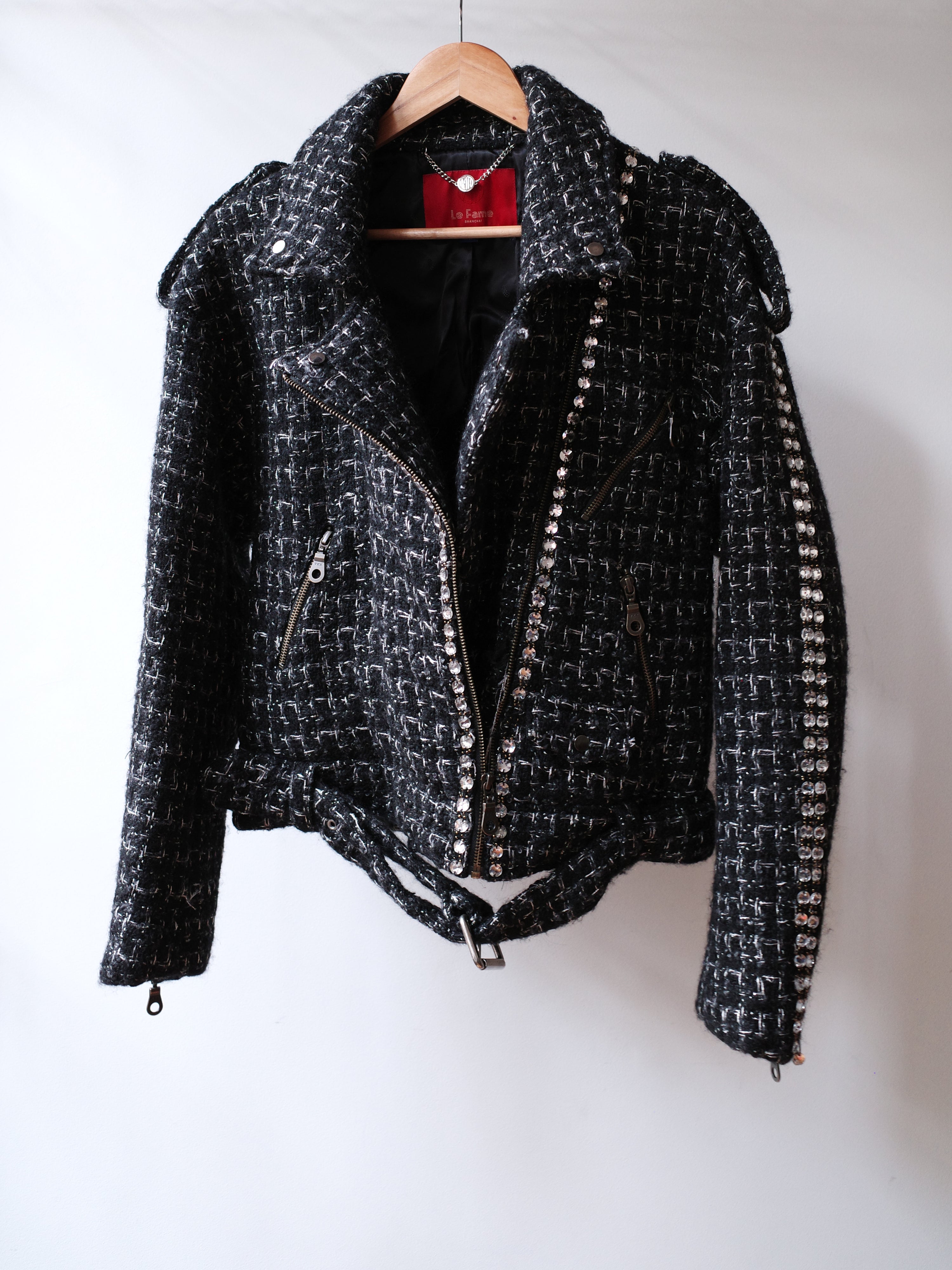 Le Fame Tweed Rhinestone Belted Jacket