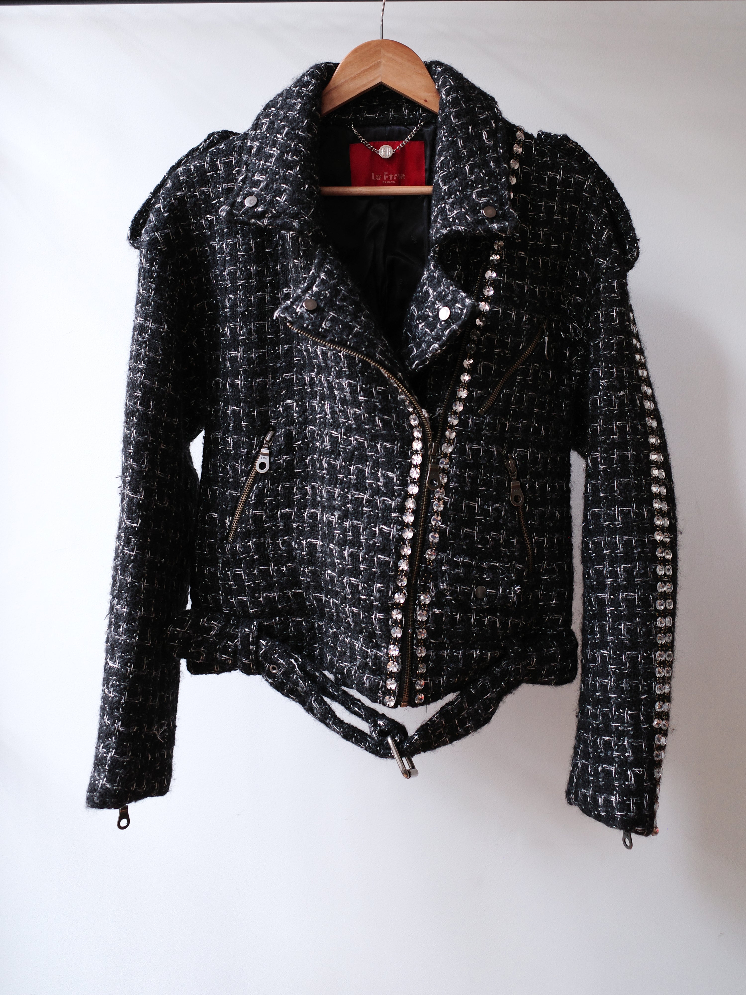 Le Fame Tweed Rhinestone Belted Jacket
