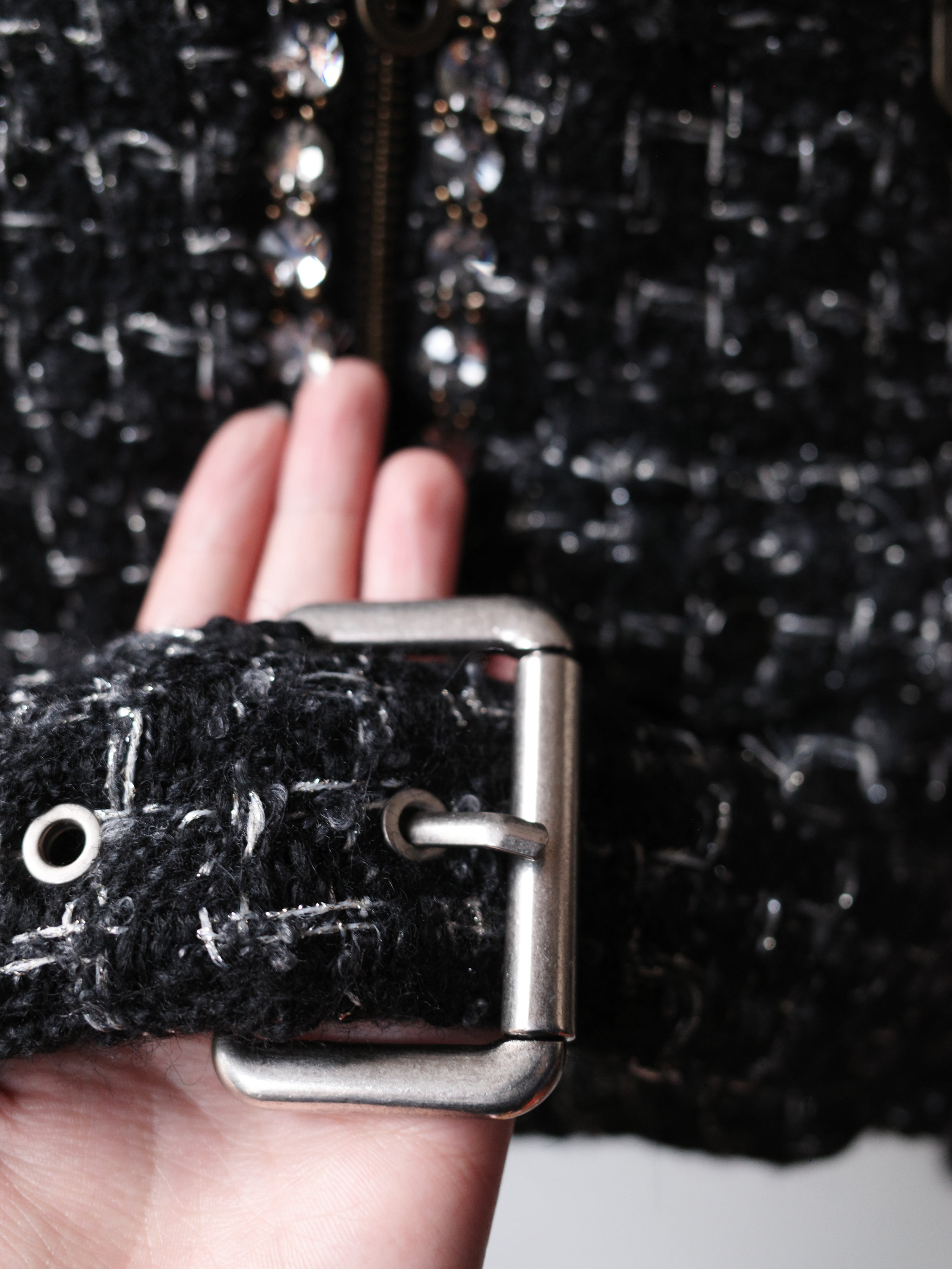Le Fame Tweed Rhinestone Belted Jacket