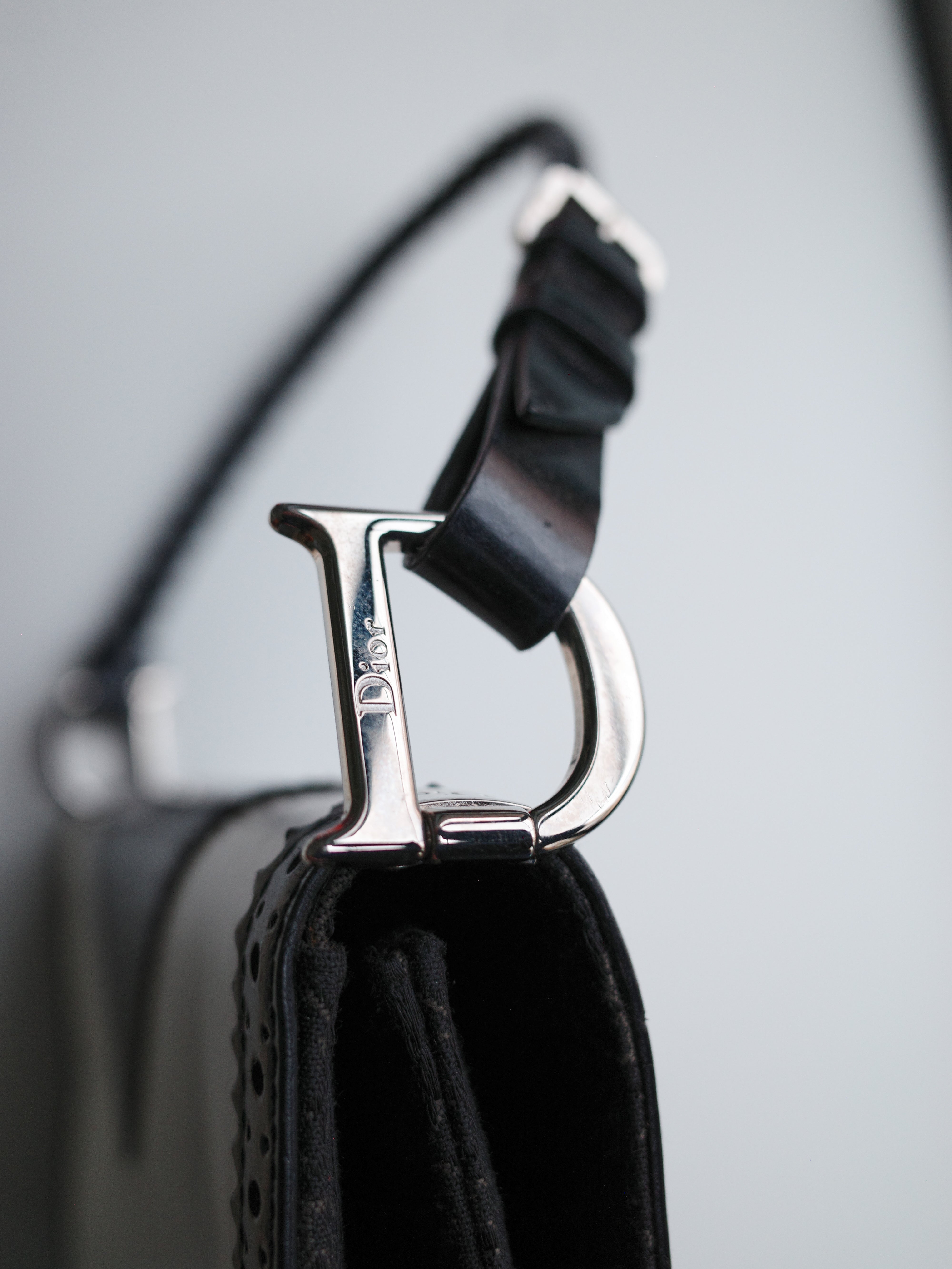 Christian Dior Black & White Pierced Edge Leather Shoulder