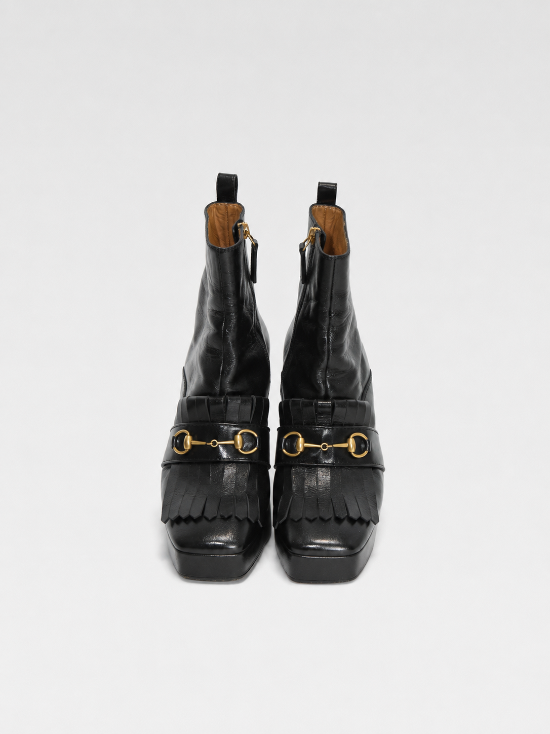 GUCCI Black Leather Platform Fringe Horsebit Boots