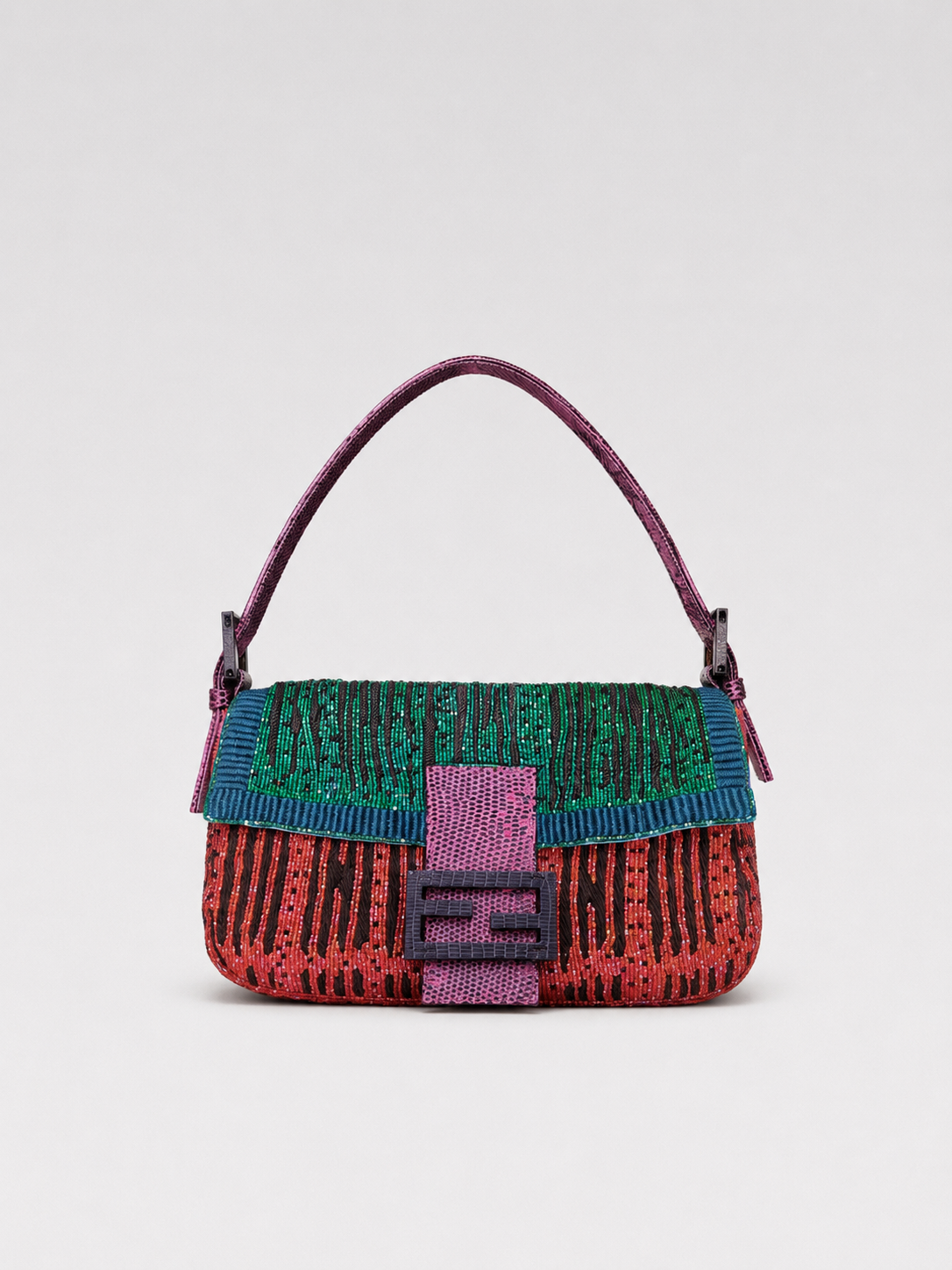 Fendi Vintage Hand-Beaded Baguette Bag Rare Artisan Embellished Multicolor Silk Shoulder Bag