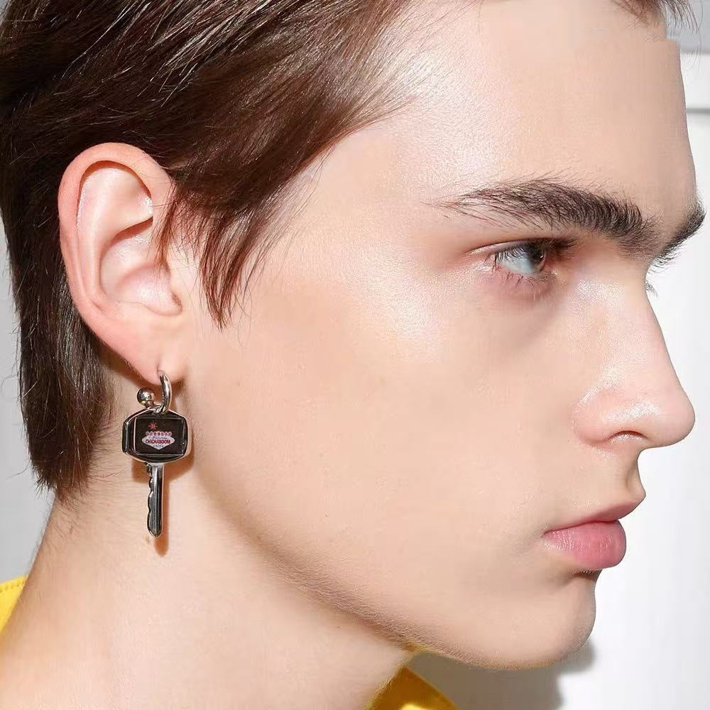 Fun and Quirky Design with Epoxy Neon Sign Key Shape Pendant Earrings Unisex Ear Accessories