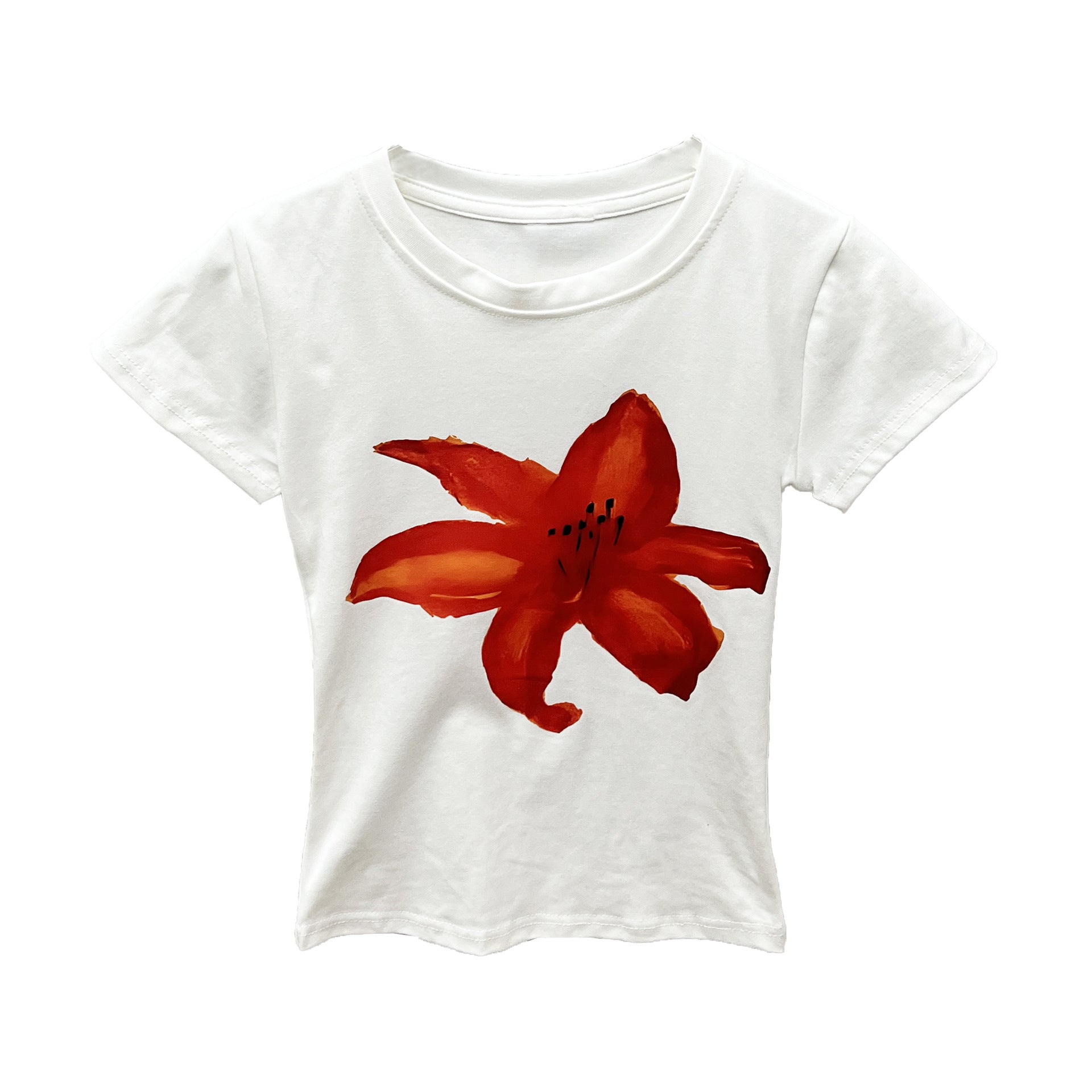 Slim Fit Floral Print Women's T-shirt Spring and Summer Versatile Short Tops