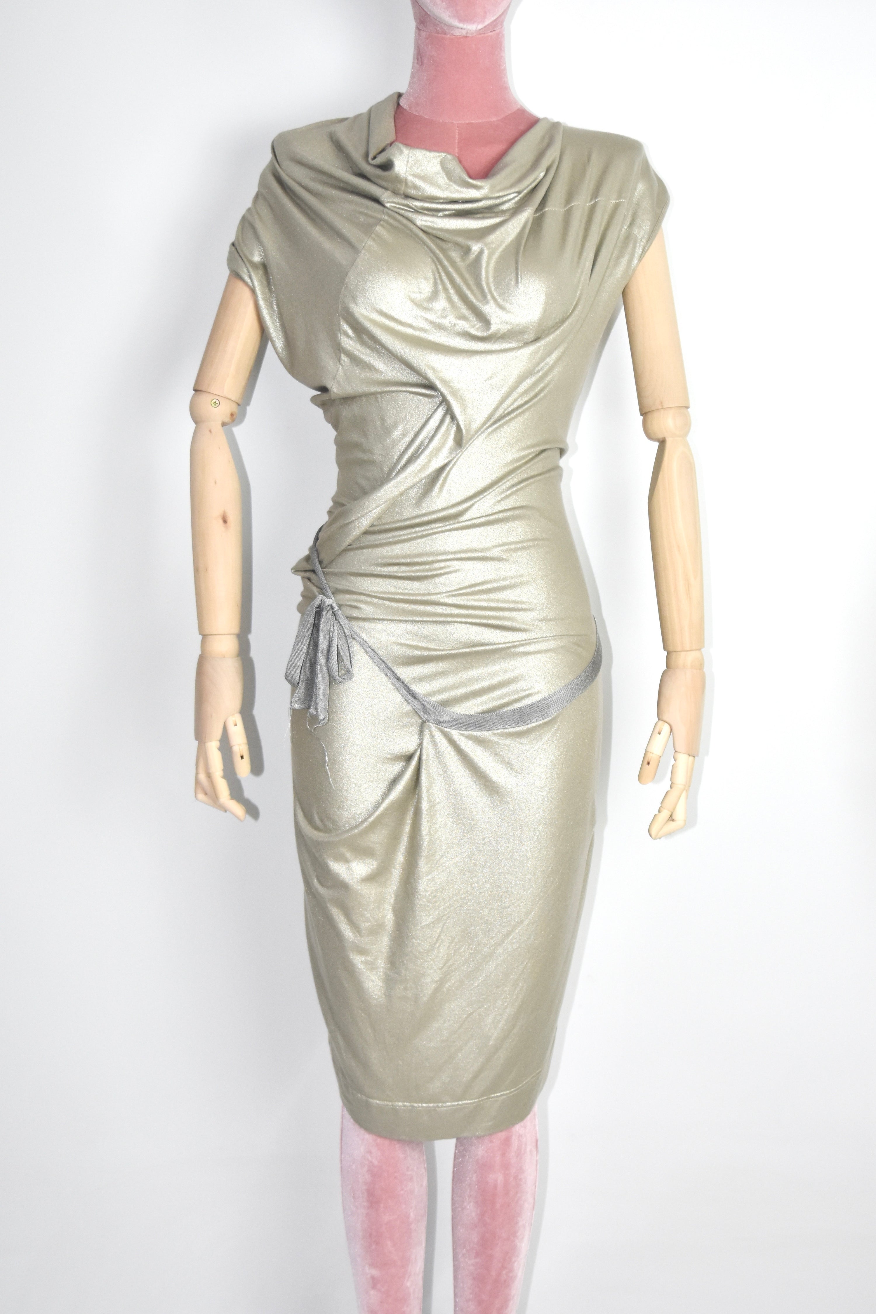Vivienne Westwood Anglomania Draped Metallic Gold Asymmetric Dress – Italian Made Sculptural Archive Piece