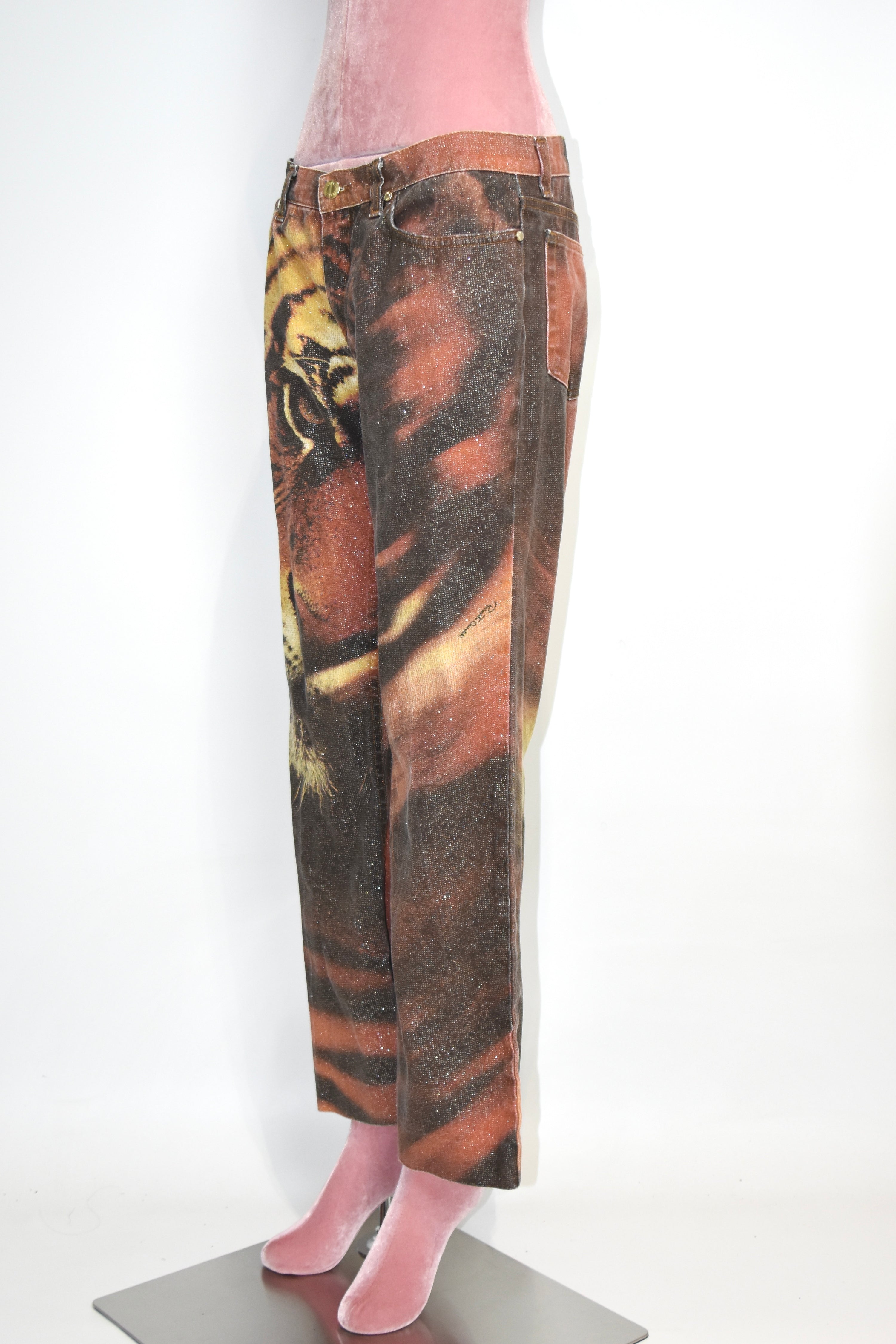 Roberto Cavalli Vintage Glitter Tiger Print Low-Rise Jeans (Rare Y2K Era Statement Denim)