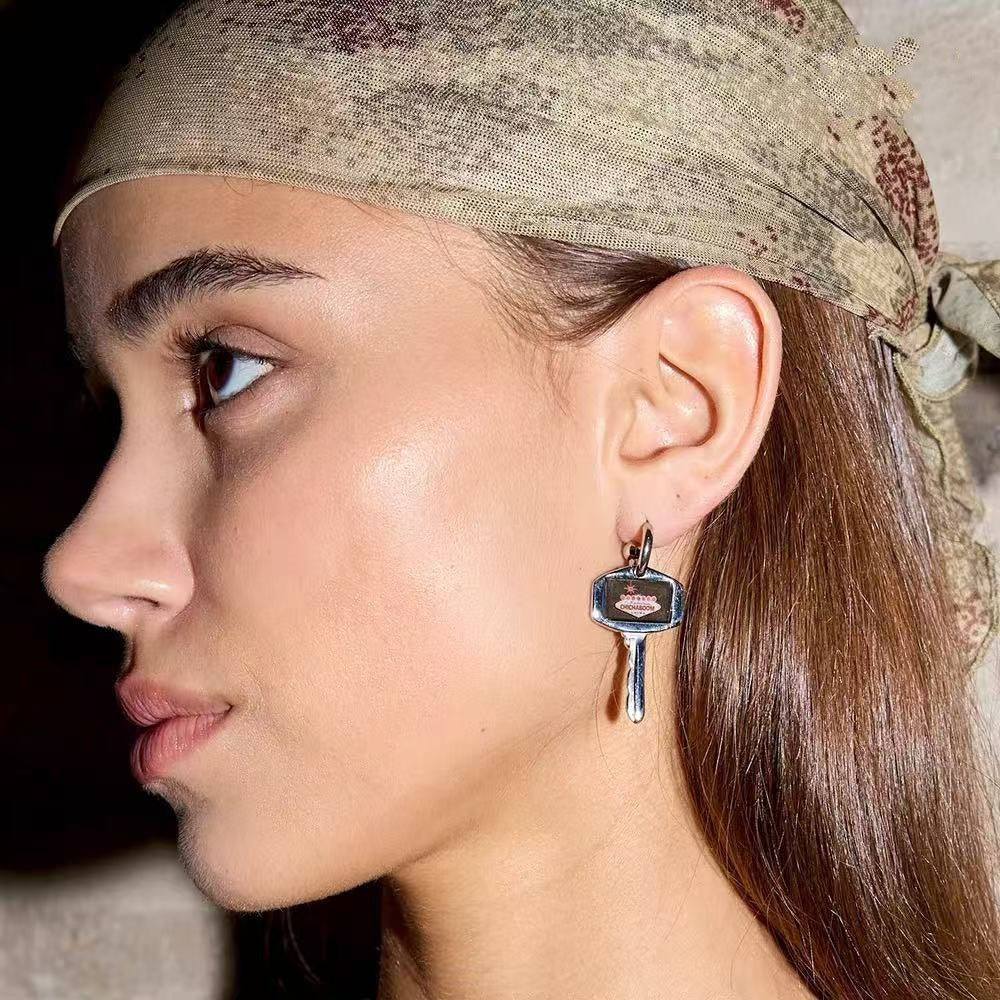 Fun and Quirky Design with Epoxy Neon Sign Key Shape Pendant Earrings Unisex Ear Accessories