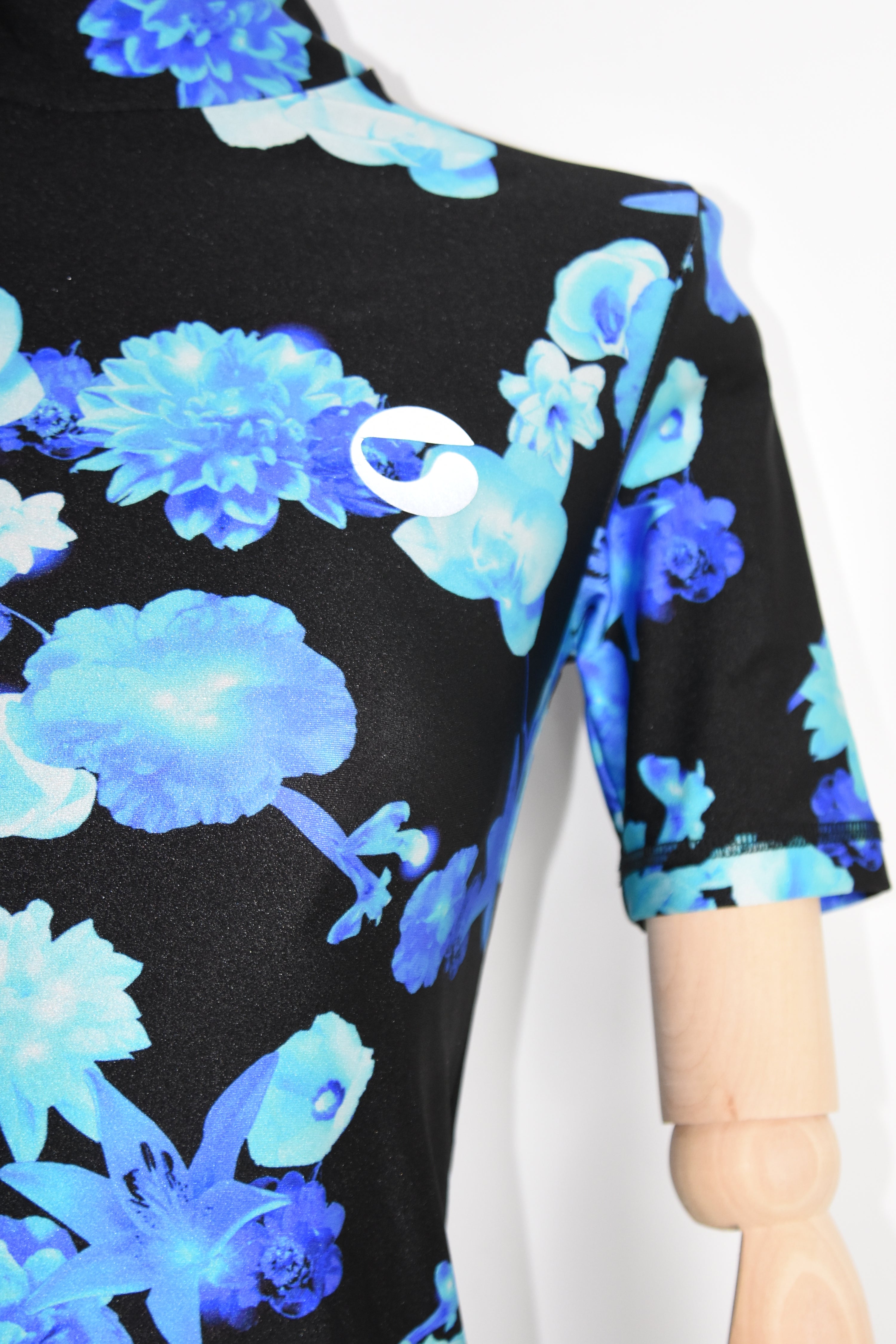 Coperni Blue Floral Stretch Glossy Top – Women’s Size S (Digital Print / Mock Neck / Technical Jersey)