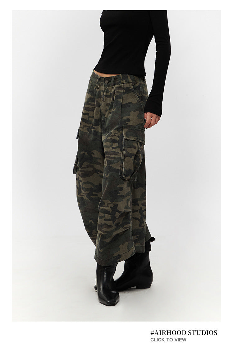 Retro Loose Camouflage Capri Pants American Style Casual Jeans for Men and Women High Street