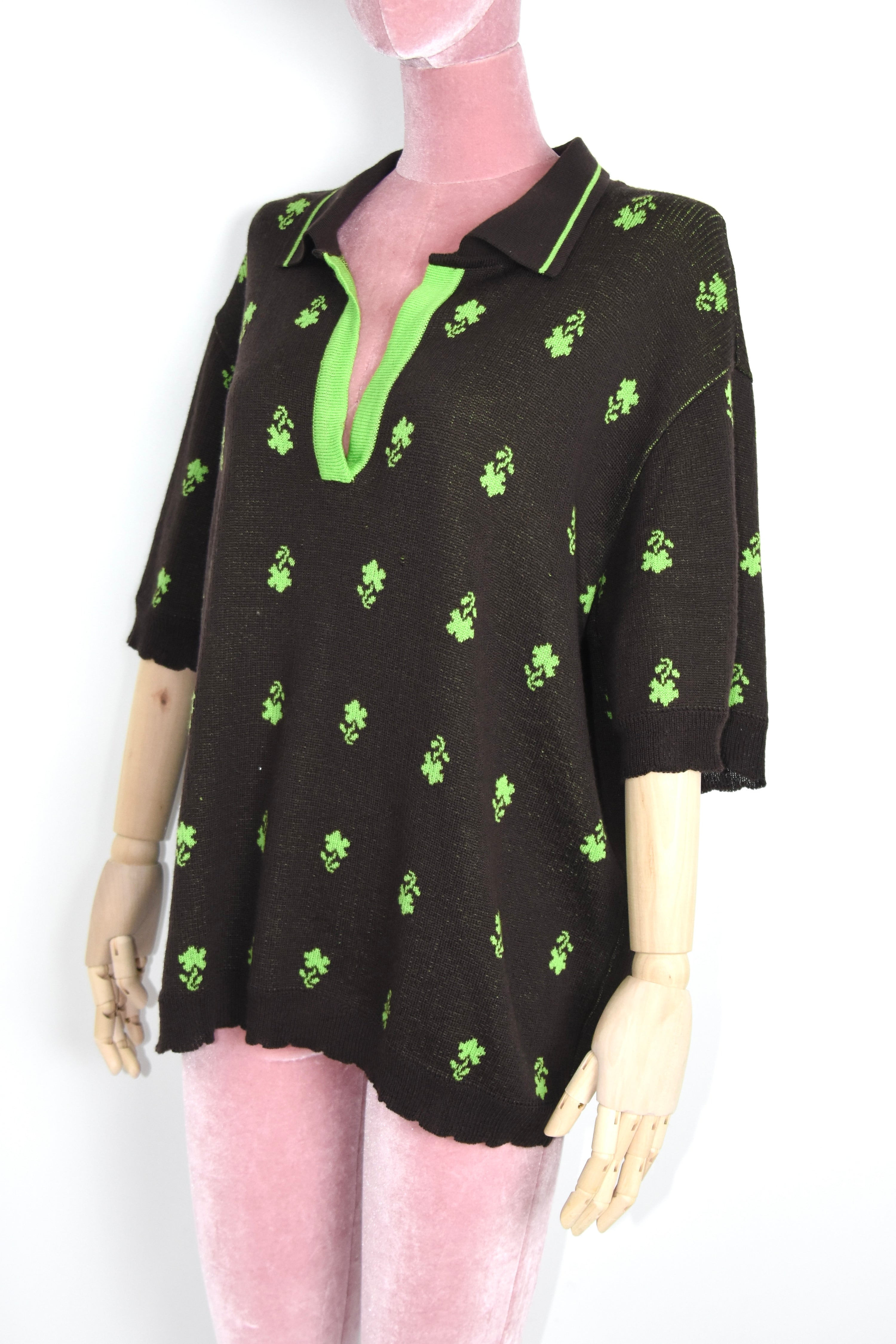 SKARULE Green Floral Jacquard Knit Polo Shirt