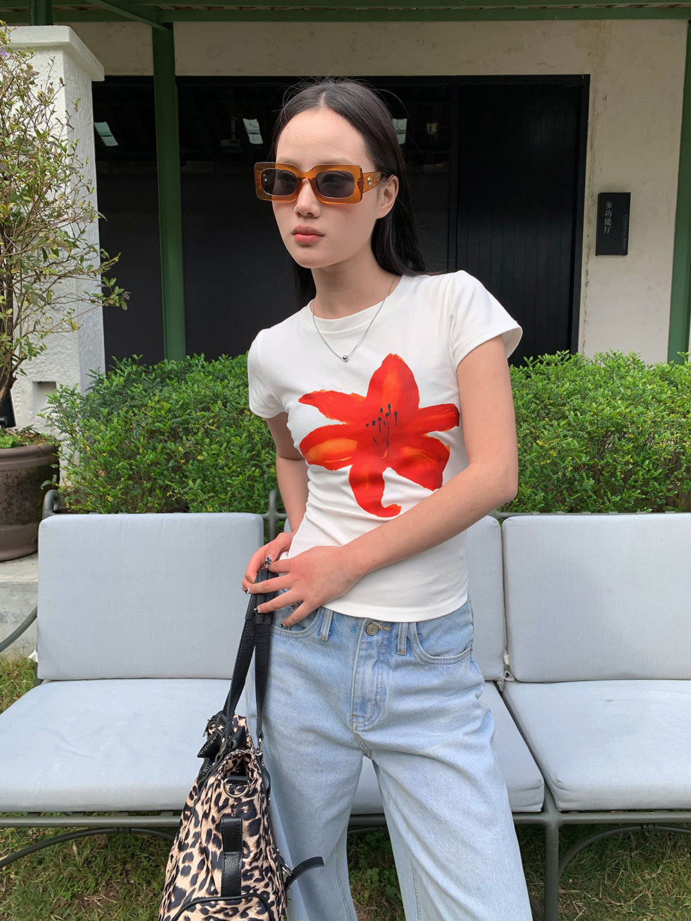 Slim Fit Floral Print Women's T-shirt Spring and Summer Versatile Short Tops