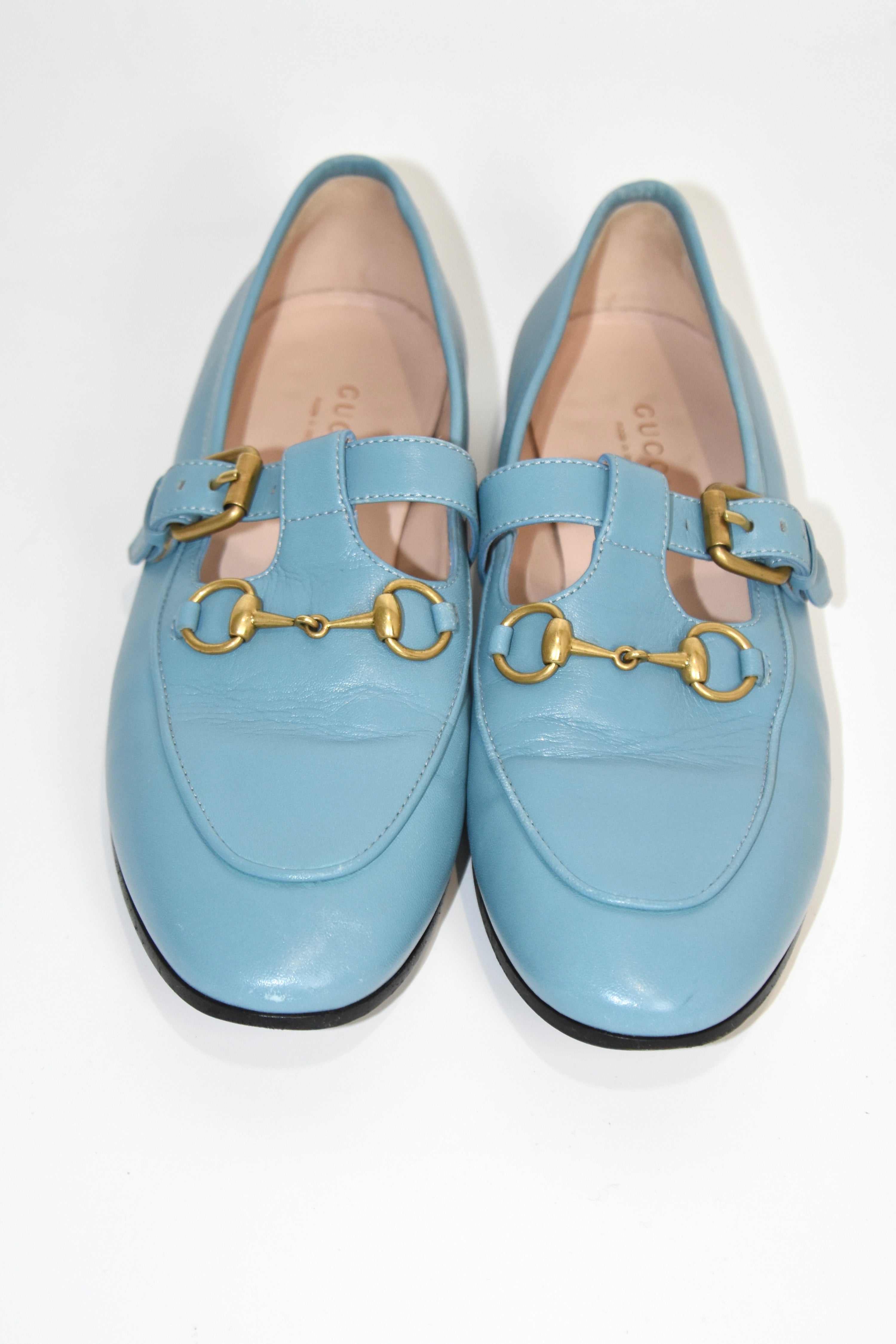 GUCCI Sky-Blue Leather Mary Jane Horsebit Loafers