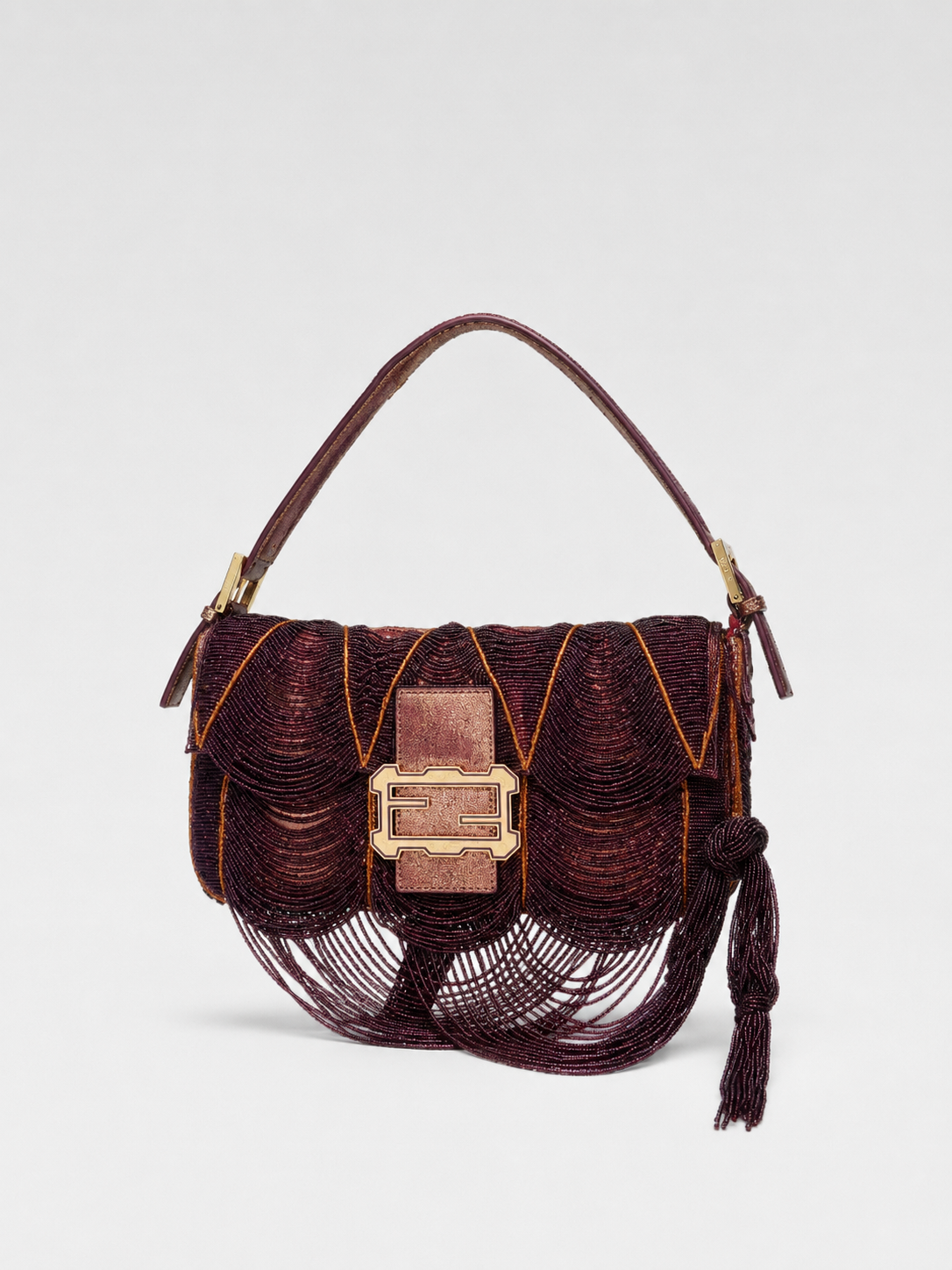 Fendi Vintage Beaded Fringe Baguette Bag – Purple Hand Embroidered Sequin & Tassel Rare Museum Quality Collectible Shoulder Bag Italy